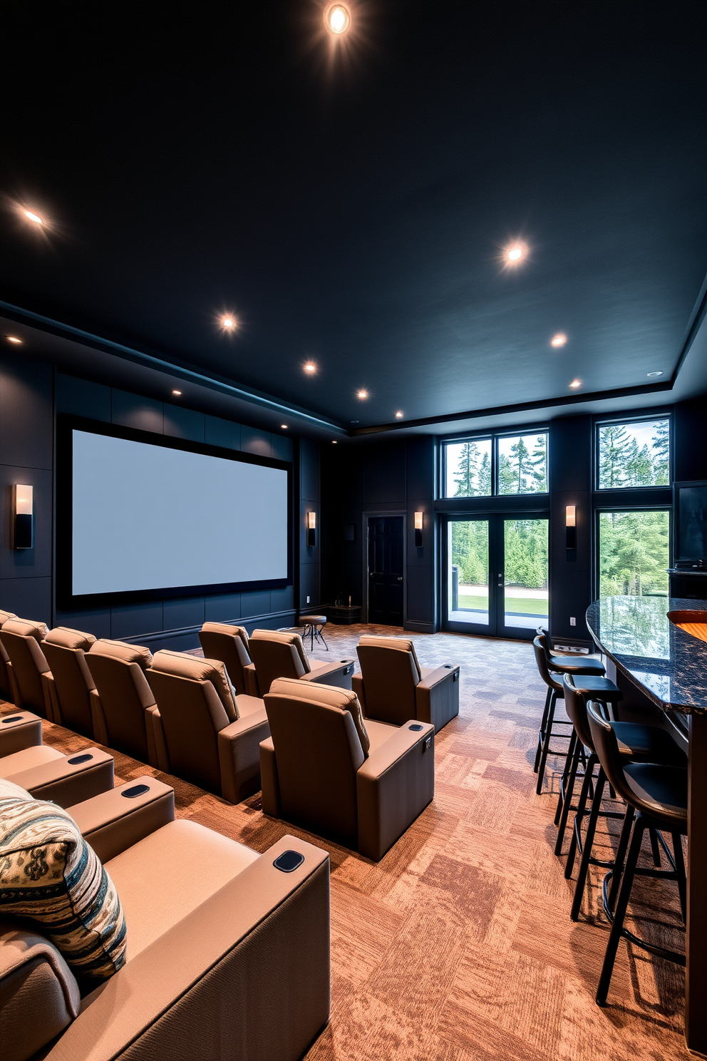 A luxurious home theater featuring plush reclining seats arranged in a semi-circle for optimal viewing. The walls are lined with dark acoustic panels, and a large screen dominates the front wall, illuminated by soft recessed lighting. An open basement design with a spacious layout that incorporates a cozy lounge area. Large windows allow natural light to flood in, while a stylish bar area with high stools complements the overall modern aesthetic.