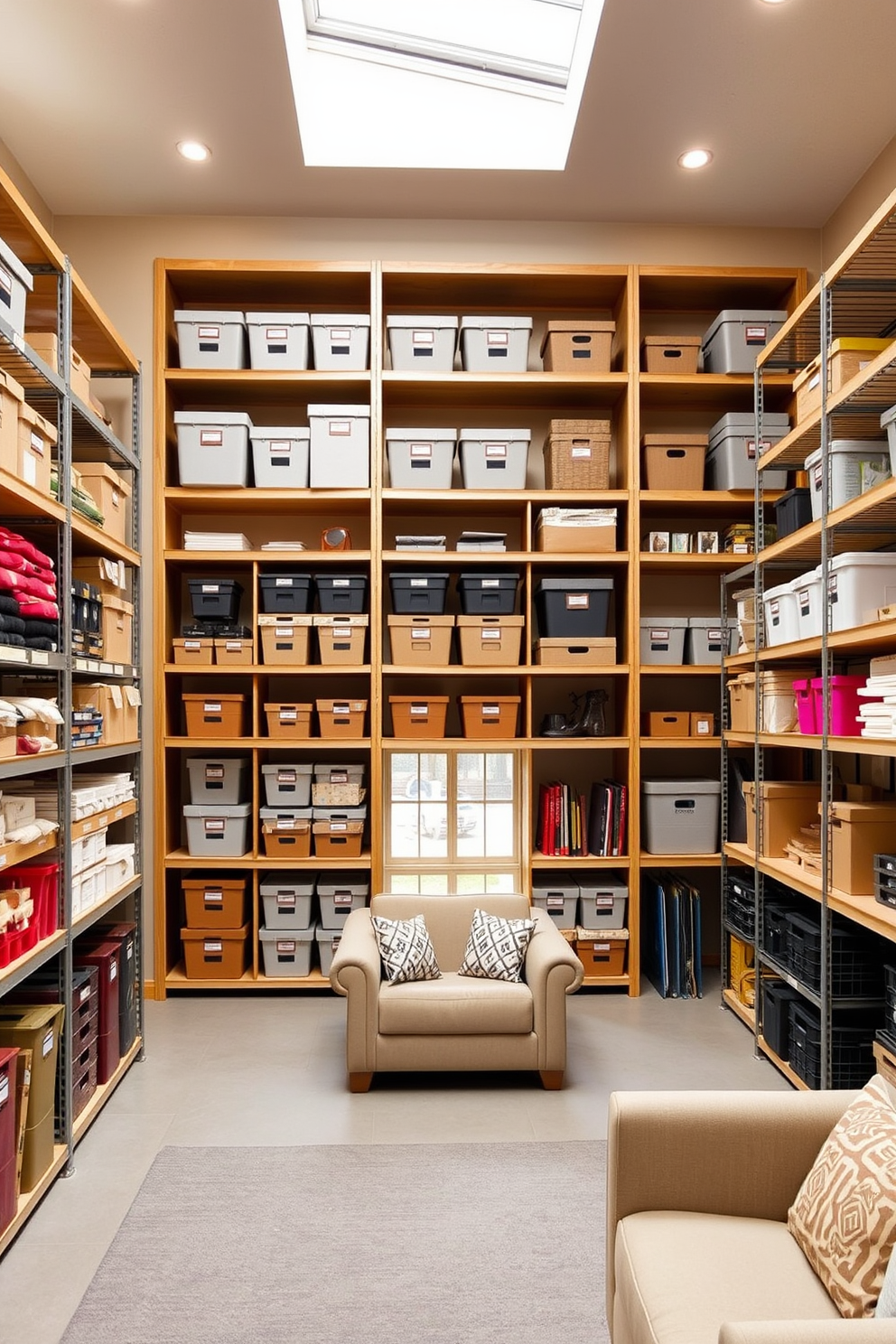 A spacious storage area features organized shelving that maximizes space and enhances functionality. The shelves are filled with neatly arranged boxes and labeled bins, creating an efficient and visually appealing environment. The open basement design includes large windows that allow natural light to flood the space, making it feel inviting. Comfortable seating areas are strategically placed, encouraging relaxation and social interaction while maintaining a clean and uncluttered look.