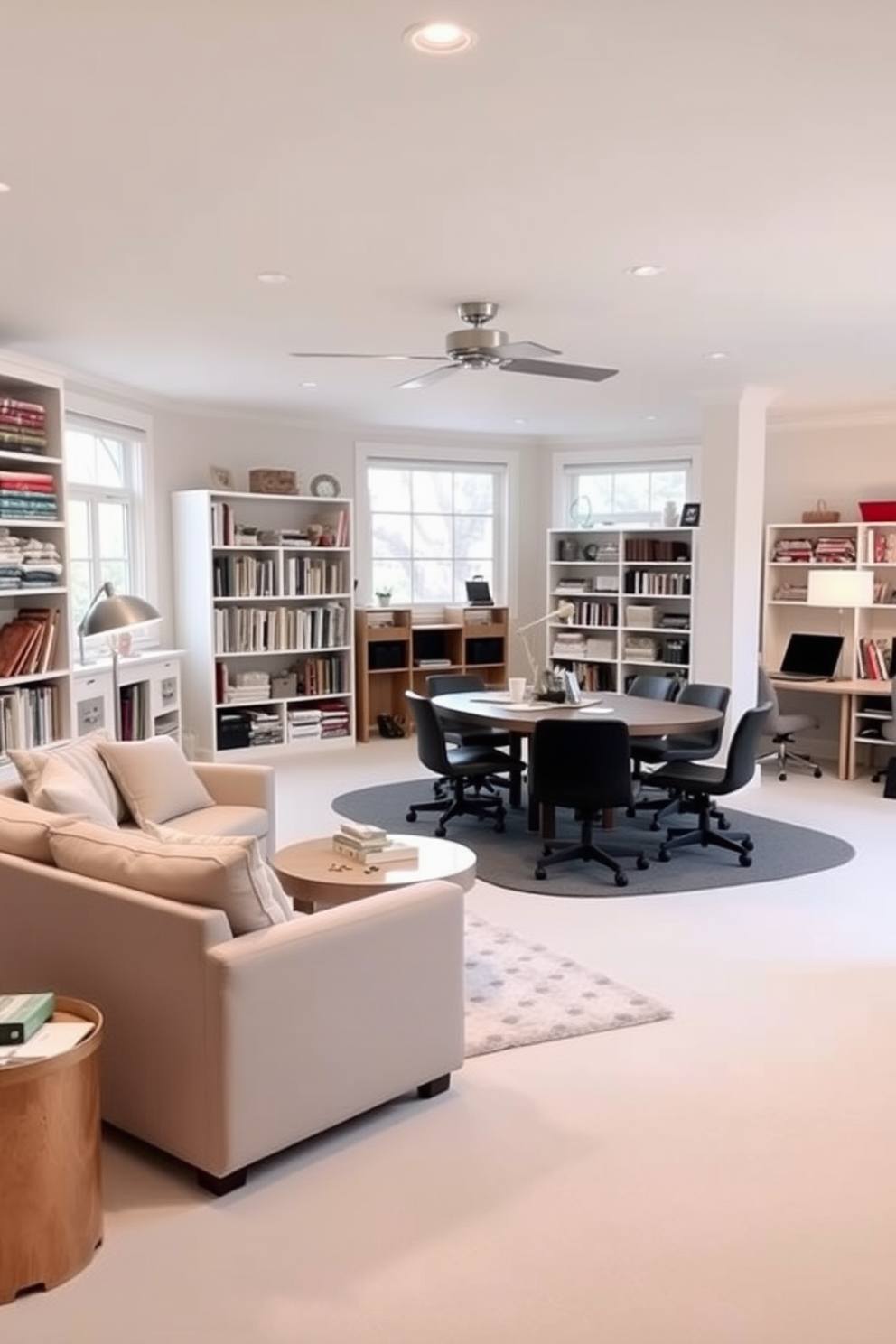 A bright and airy multi-purpose craft and hobby space featuring a large central table surrounded by comfortable chairs. Shelving units line the walls, filled with art supplies, fabrics, and tools, while large windows let in natural light to inspire creativity. An open basement design that combines a cozy lounge area with a functional workspace. Plush seating is arranged around a coffee table, and a stylish desk sits in a corner, illuminated by a modern floor lamp, creating an inviting atmosphere for relaxation and productivity.