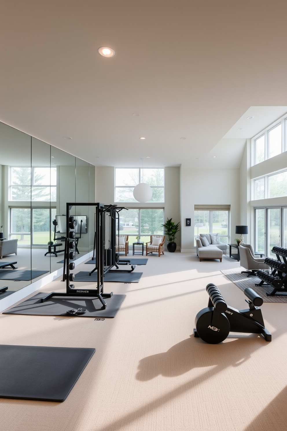 An indoor gym features mirrored walls that reflect the natural light flooding in from large windows. The space is equipped with soft exercise mats, free weights, and a variety of fitness machines arranged for optimal functionality. The open basement design includes a spacious layout with comfortable seating areas and a cozy entertainment zone. Large windows and light-colored walls create an inviting atmosphere, while stylish decor elements add a touch of sophistication.