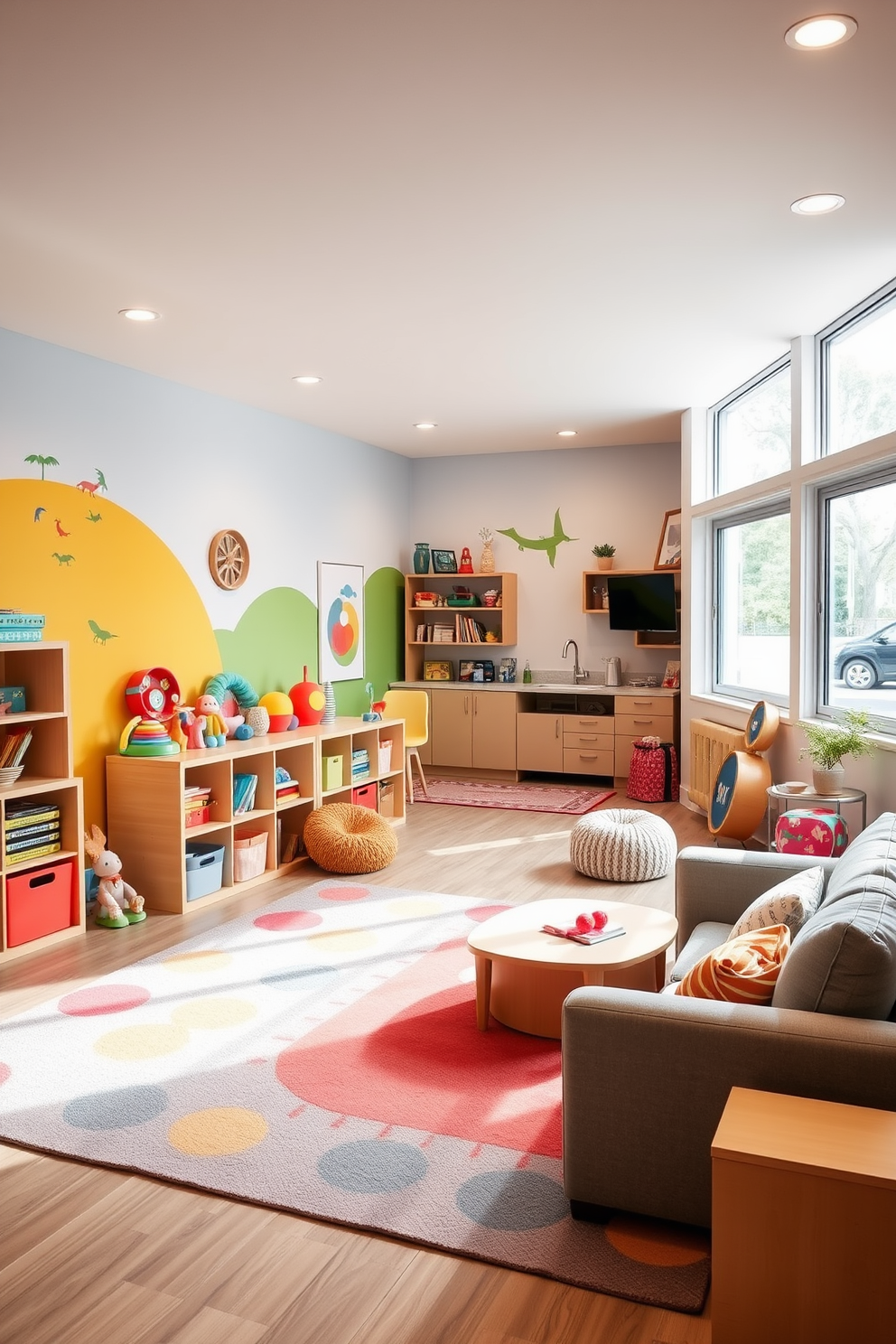 Bright playroom for kids with toys. The walls are painted in cheerful colors with playful murals, and the floor is covered in soft, colorful rugs. There are shelves filled with toys and books, and a cozy reading nook with bean bags. Large windows let in plenty of natural light, creating a vibrant and inviting atmosphere. Open basement design ideas. The space features an open floor plan with a modern lounge area and a small kitchenette. Large windows provide light, while stylish furniture and decor create a welcoming environment for relaxation and entertainment.