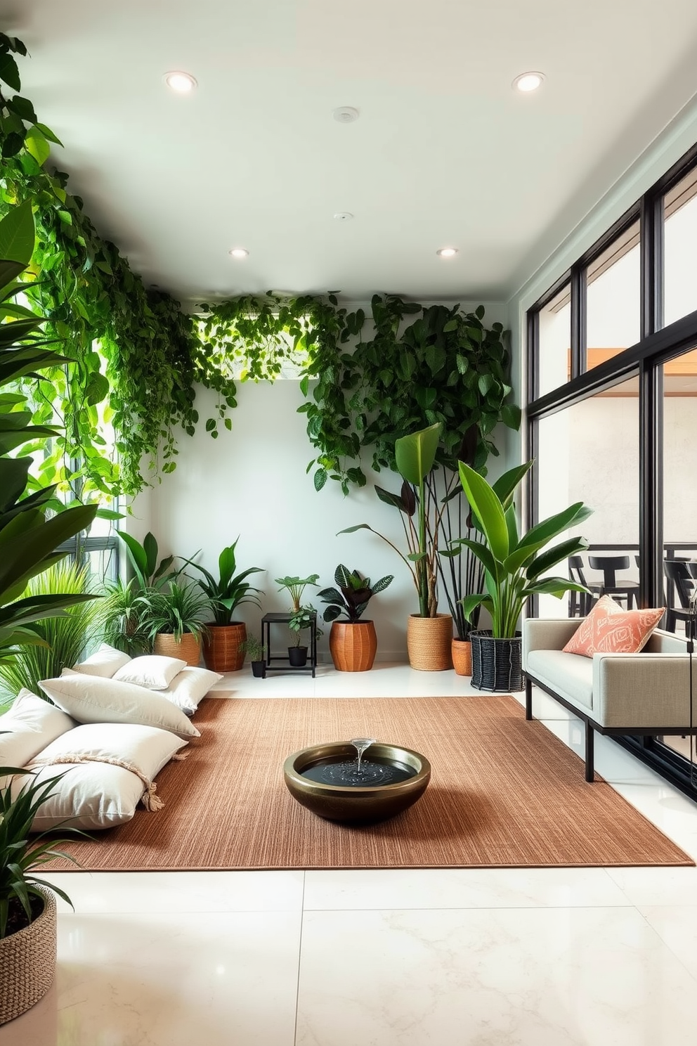 A serene meditation corner filled with lush greenery. Soft pillows are arranged on a large floor mat, and a small water fountain adds a calming sound. An open basement design that maximizes space and light. Large windows provide natural illumination, and modern furniture creates a welcoming atmosphere.