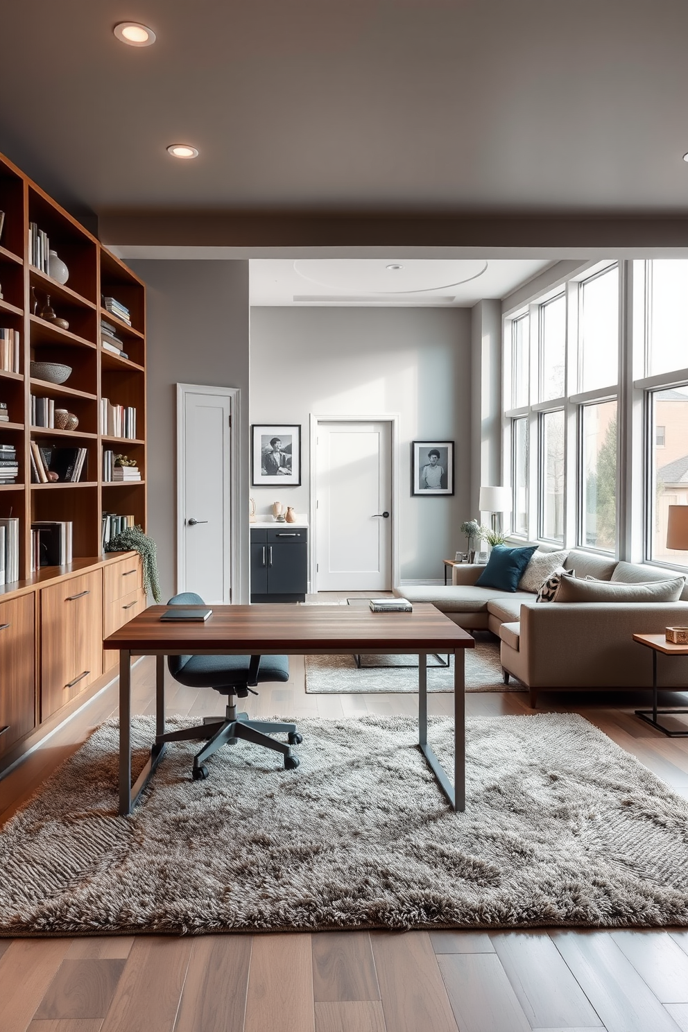 A modern office space featuring a large wooden desk with a sleek metal frame. The desk is positioned against a wall adorned with built-in shelves filled with books and decorative items. The floor is covered with a plush area rug that adds warmth to the space. A comfortable ergonomic chair complements the desk, while large windows allow natural light to flood the room. An open basement design that emphasizes a spacious layout with a cozy lounge area. The space includes a sectional sofa and a coffee table, with soft lighting that creates an inviting atmosphere. The walls are painted in a light gray tone, and large windows provide ample daylight. A small kitchenette is tucked into one corner, enhancing the functionality of the basement.