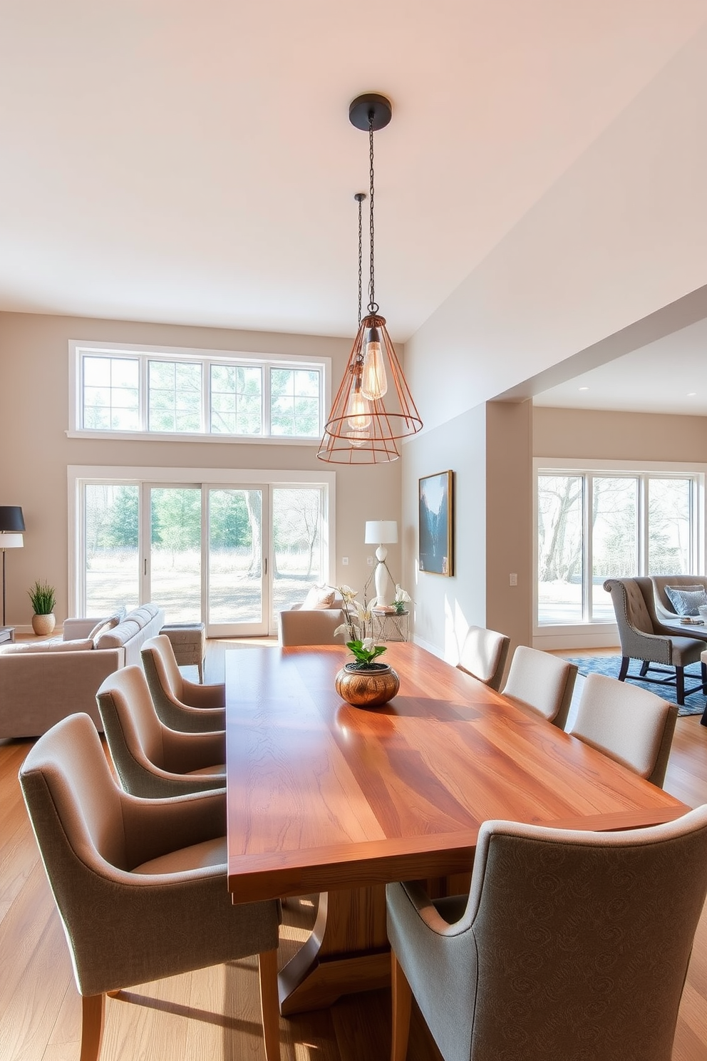 A stylish dining room featuring a large wooden dining table surrounded by upholstered chairs. Above the table, elegant pendant lights hang, casting a warm glow and creating a focal point in the open floor plan. The walls are painted in a soft neutral tone, complementing the natural wood tones of the furniture. Large windows allow ample natural light to fill the space, enhancing the inviting atmosphere.