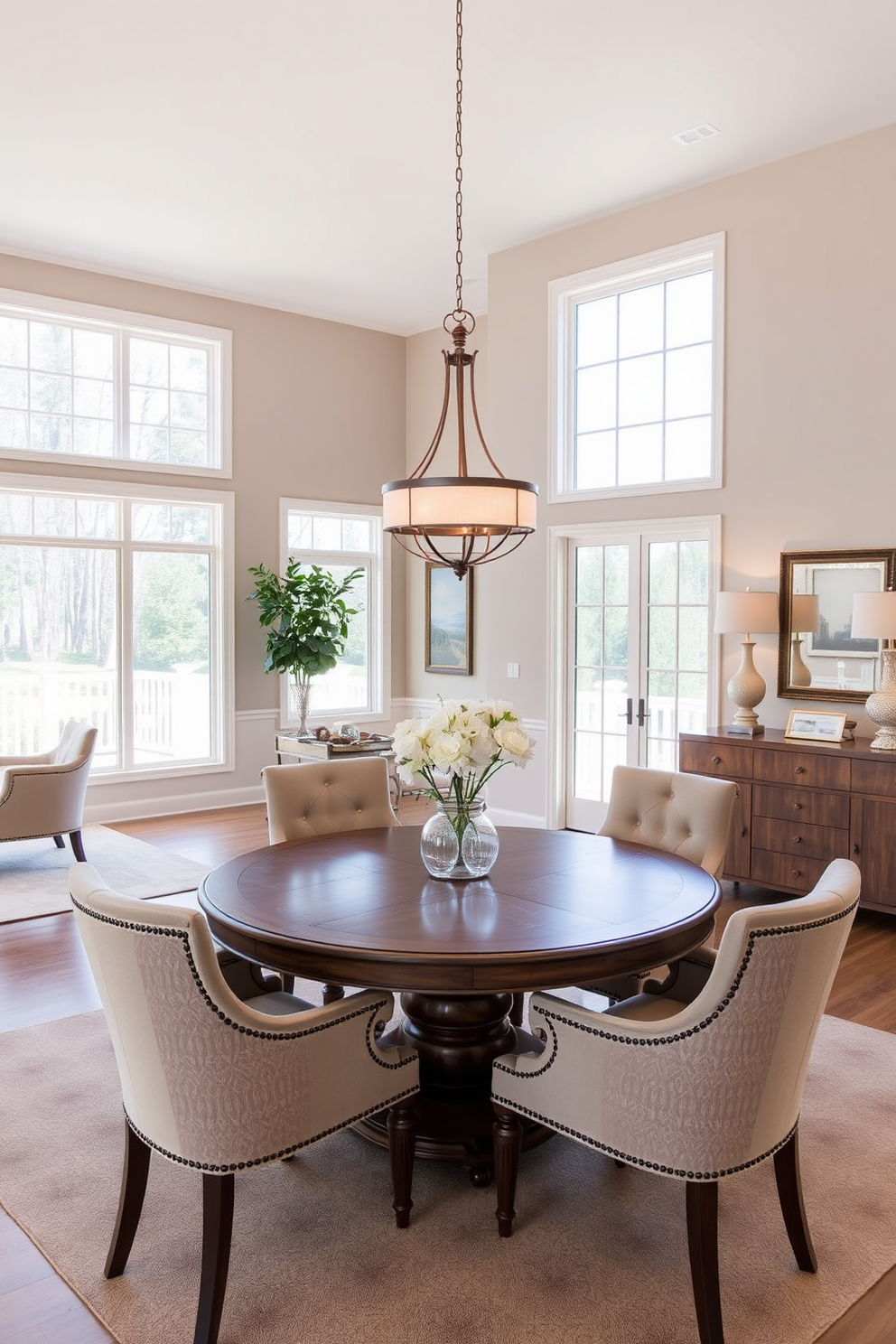 A spacious open floor plan dining room features a round wooden table at its center, surrounded by upholstered chairs that encourage conversation and flow. Large windows allow natural light to flood the space, highlighting the elegant chandelier hanging above the table. The walls are painted in a soft neutral tone, creating a warm and inviting atmosphere. A stylish sideboard against one wall holds decorative items and provides additional storage for dining essentials.