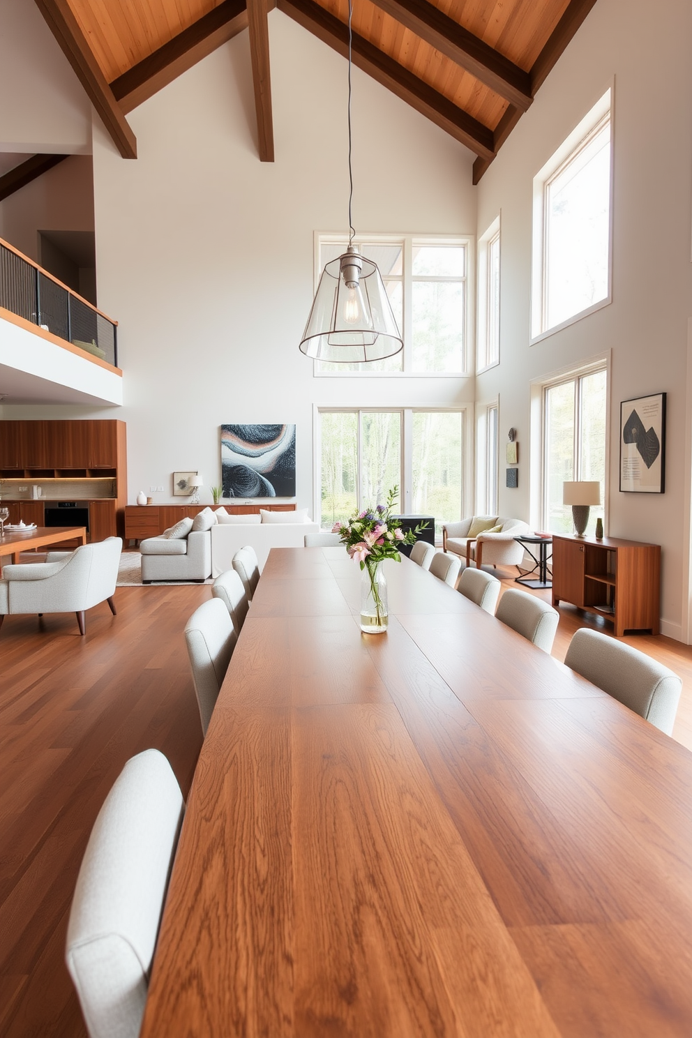 A spacious open floor plan dining room features a long wooden table that can comfortably accommodate family gatherings. Surrounding the table are upholstered chairs in a soft neutral fabric, creating an inviting atmosphere for meals and conversations. Large windows allow natural light to flood the space, enhancing the warm tones of the wooden table and the light-colored walls. A stylish pendant light hangs above the table, adding a modern touch to the overall design while ensuring ample illumination during evening gatherings.