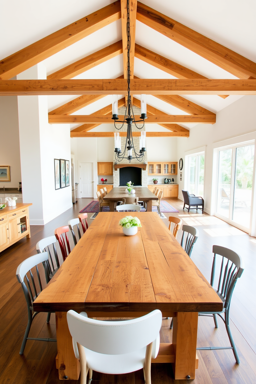 A spacious open floor plan dining room features a large farmhouse table made of reclaimed wood, surrounded by mismatched chairs that add character. Natural light floods the space through large windows, illuminating the warm tones of the wooden beams and the soft white walls.