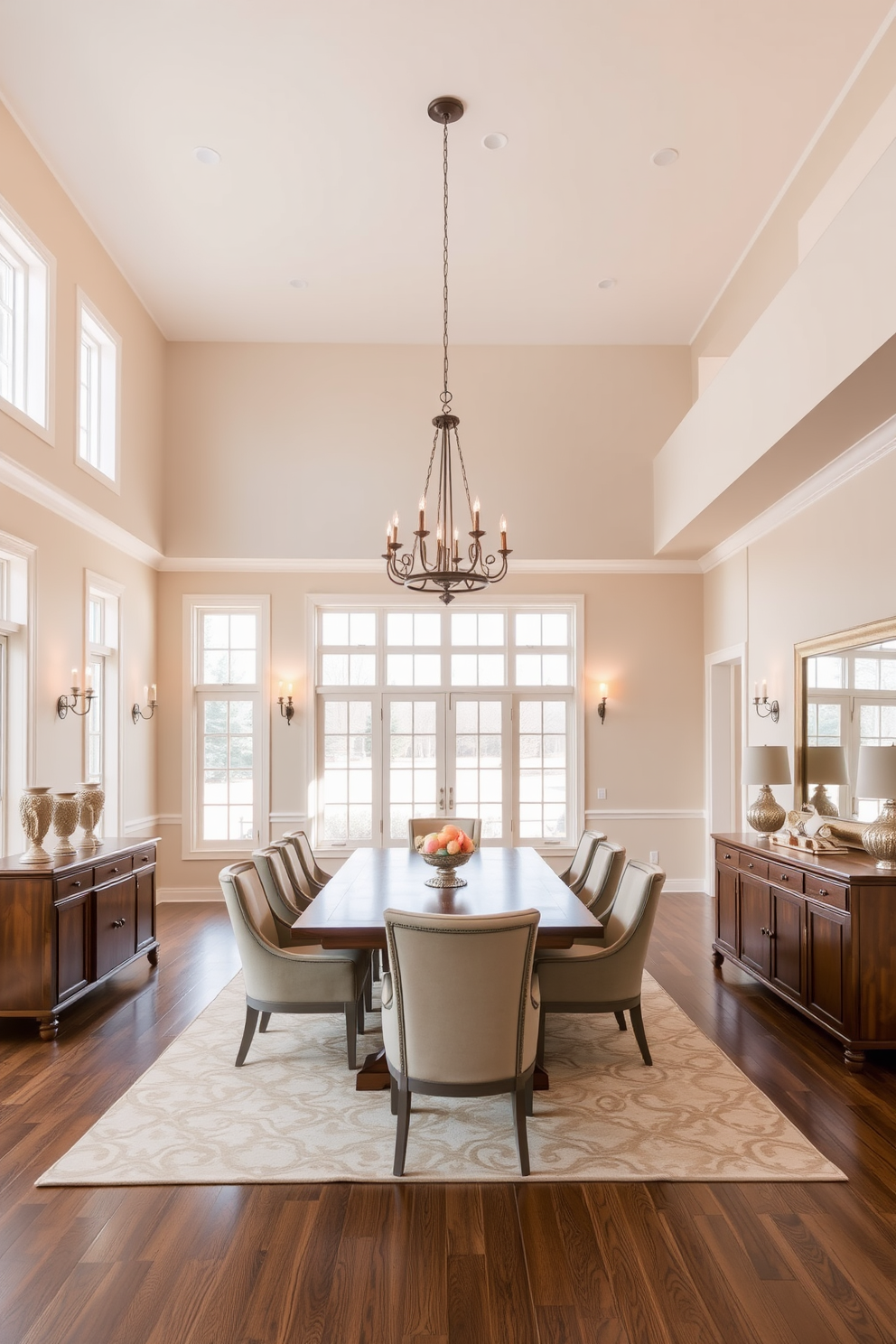 A spacious open floor plan dining room features a large wooden dining table surrounded by elegant upholstered chairs. The walls are painted in a soft neutral tone, and large windows allow natural light to flood the space. Layered lighting creates a warm ambiance, with a striking chandelier hanging above the table and wall sconces flanking the room. A stylish buffet table is positioned against one wall, adorned with decorative accessories and a large mirror that reflects the light.