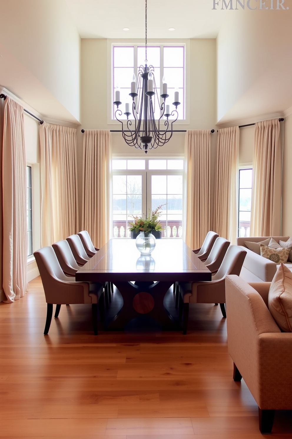 A spacious dining room with an open floor plan features a large wooden dining table surrounded by elegant upholstered chairs. Natural light floods the room through expansive windows adorned with soft, flowing curtains that add warmth and texture to the space. The walls are painted in a light neutral tone, complemented by a statement chandelier hanging above the table. A cozy seating area with a plush sofa and decorative throw pillows is positioned nearby, creating an inviting atmosphere for gatherings.