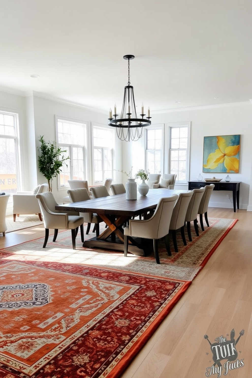 A spacious open floor plan dining room features a large area rug that anchors the space and adds warmth. The dining table, crafted from reclaimed wood, is surrounded by upholstered chairs in a soft neutral tone, creating an inviting atmosphere. Natural light floods the room through large windows, highlighting a statement chandelier that hangs above the table. The walls are painted in a light, airy color, complemented by artwork that adds a pop of color and personality to the space.