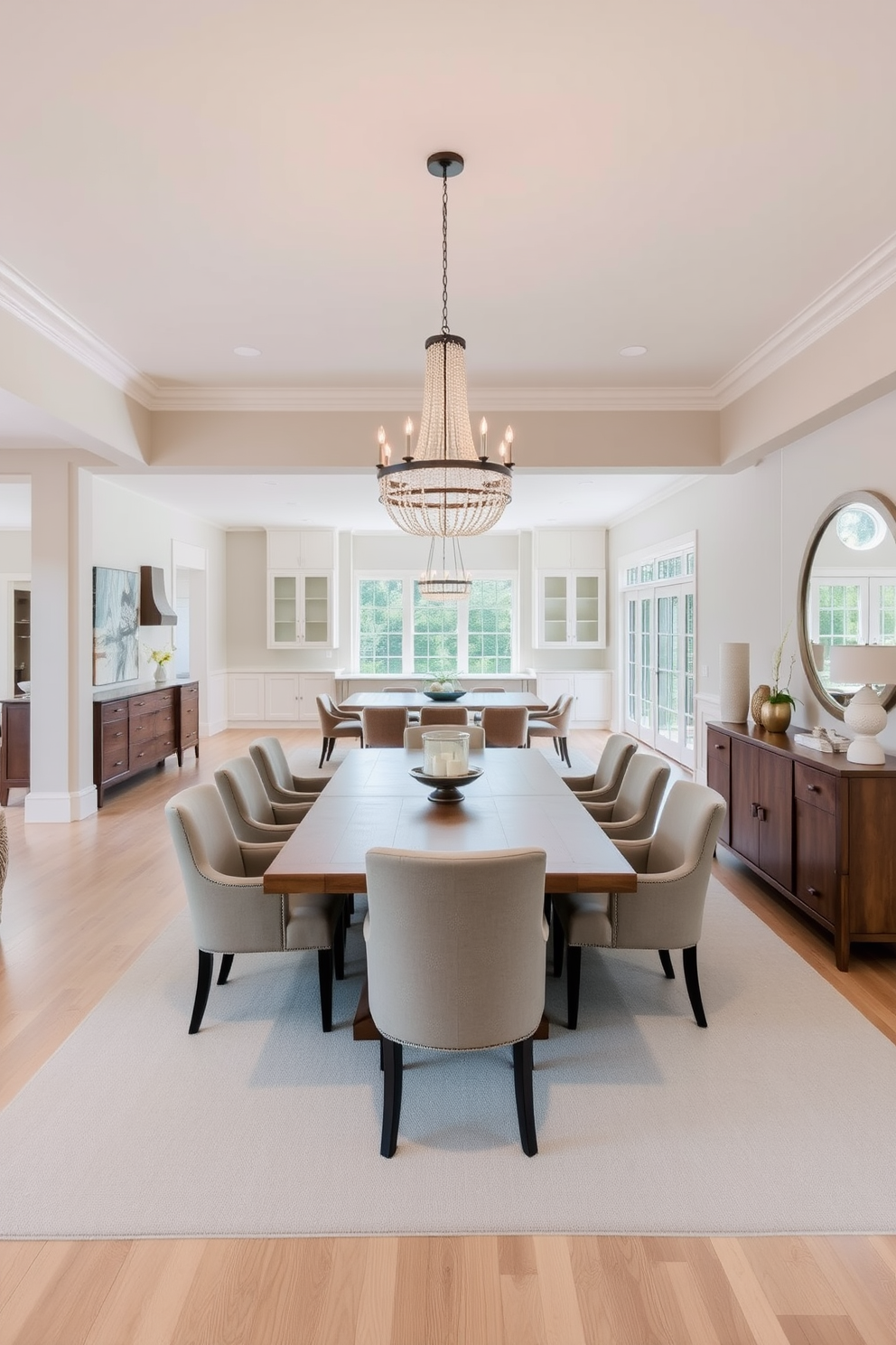 A spacious open floor plan dining room seamlessly flows into the kitchen. The dining area features a large wooden table surrounded by upholstered chairs, with a statement chandelier hanging above. The walls are painted in a soft neutral tone, complemented by large windows that allow natural light to fill the space. A stylish sideboard against one wall provides additional storage and display space for decorative items.