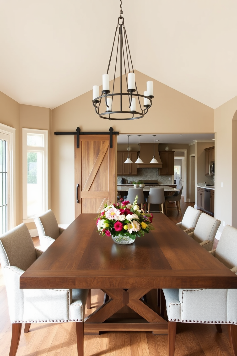 A spacious open floor plan dining room featuring a large wooden dining table surrounded by upholstered chairs. A sliding barn door adds a rustic touch, leading to a cozy kitchen area with modern appliances and pendant lighting. The walls are painted in a warm neutral tone, complemented by a statement chandelier hanging above the table. Large windows allow natural light to flood the space, highlighting a beautiful centerpiece of seasonal flowers on the table.