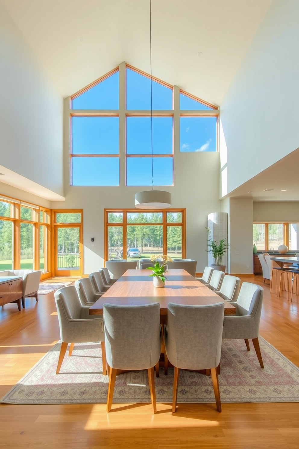 A spacious open floor plan dining room features a large wooden dining table surrounded by stylish upholstered chairs. A modern light fixture hangs above the table, casting a warm glow that enhances the inviting atmosphere of the space. The walls are painted in a soft neutral tone that complements the natural wood accents throughout the room. Large windows allow plenty of natural light to flood in, creating a bright and airy feel while showcasing a beautiful view of the outdoors.