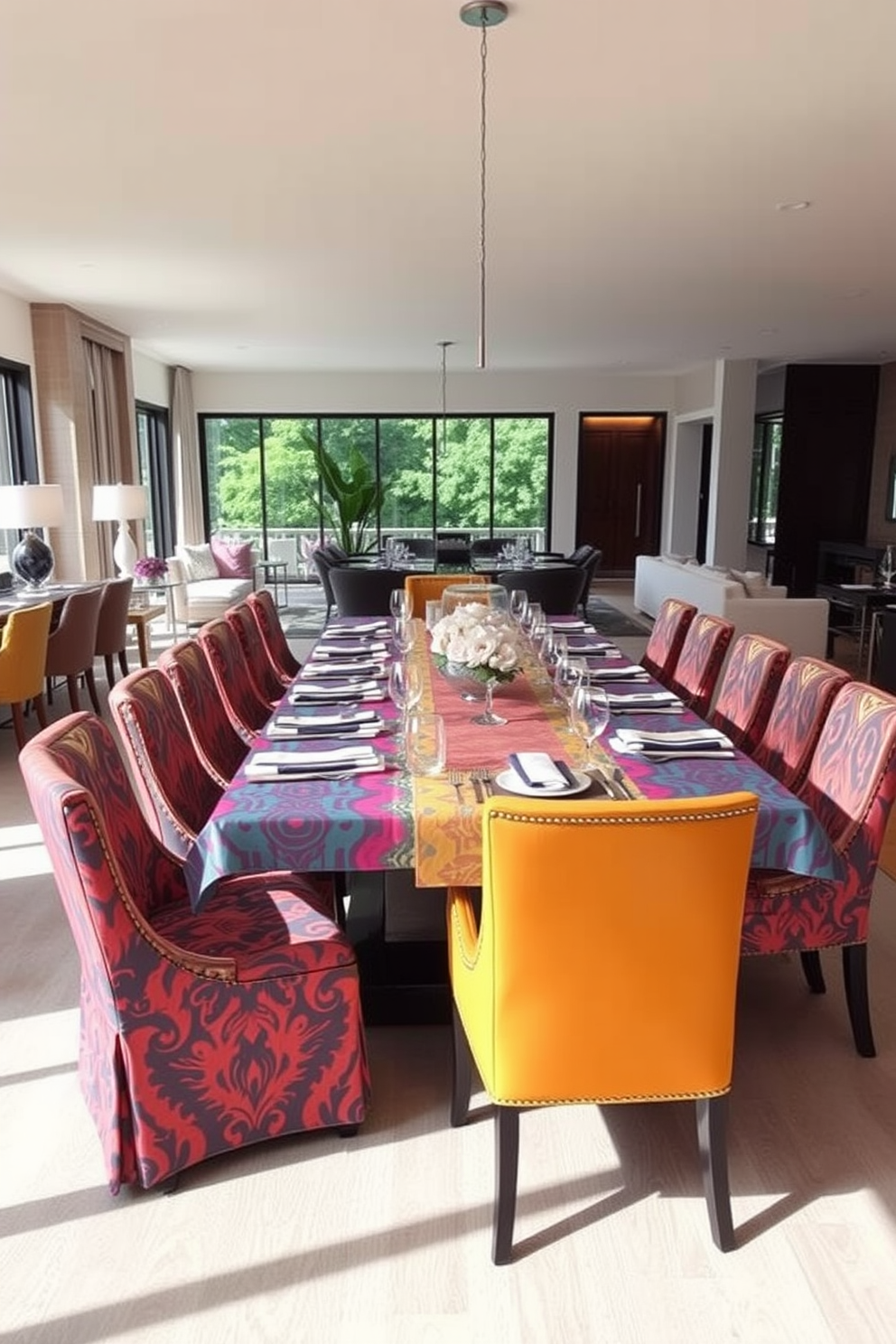 A spacious dining room features a large rectangular table covered with bold patterned table linens in vibrant colors. Surrounding the table are stylish upholstered chairs that complement the dynamic patterns, creating an inviting atmosphere for gatherings. The open floor plan seamlessly connects the dining area to the living space, enhancing the sense of flow and openness. Large windows allow natural light to flood the room, highlighting the striking table settings and the elegant decor throughout the space.