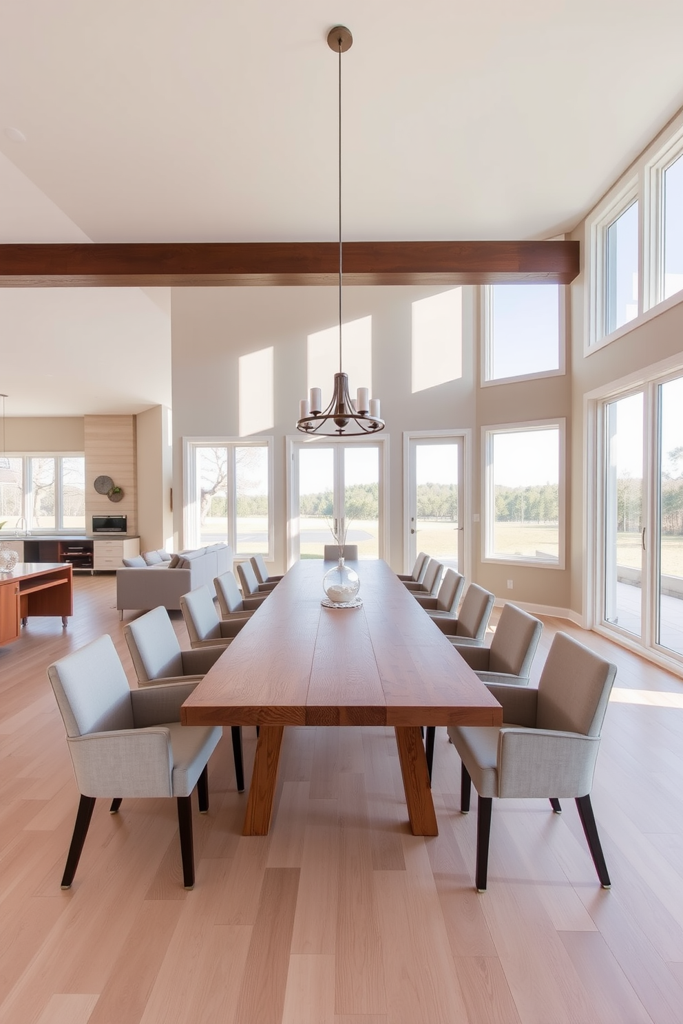 A spacious dining room featuring an open floor plan with large windows that allow natural light to flood the space. The walls are painted in a soft beige, complemented by a light wood floor that enhances the airy feel of the room. In the center, a long wooden dining table is surrounded by upholstered chairs in a neutral fabric. A stylish pendant light hangs above the table, adding a touch of elegance to the versatile design.