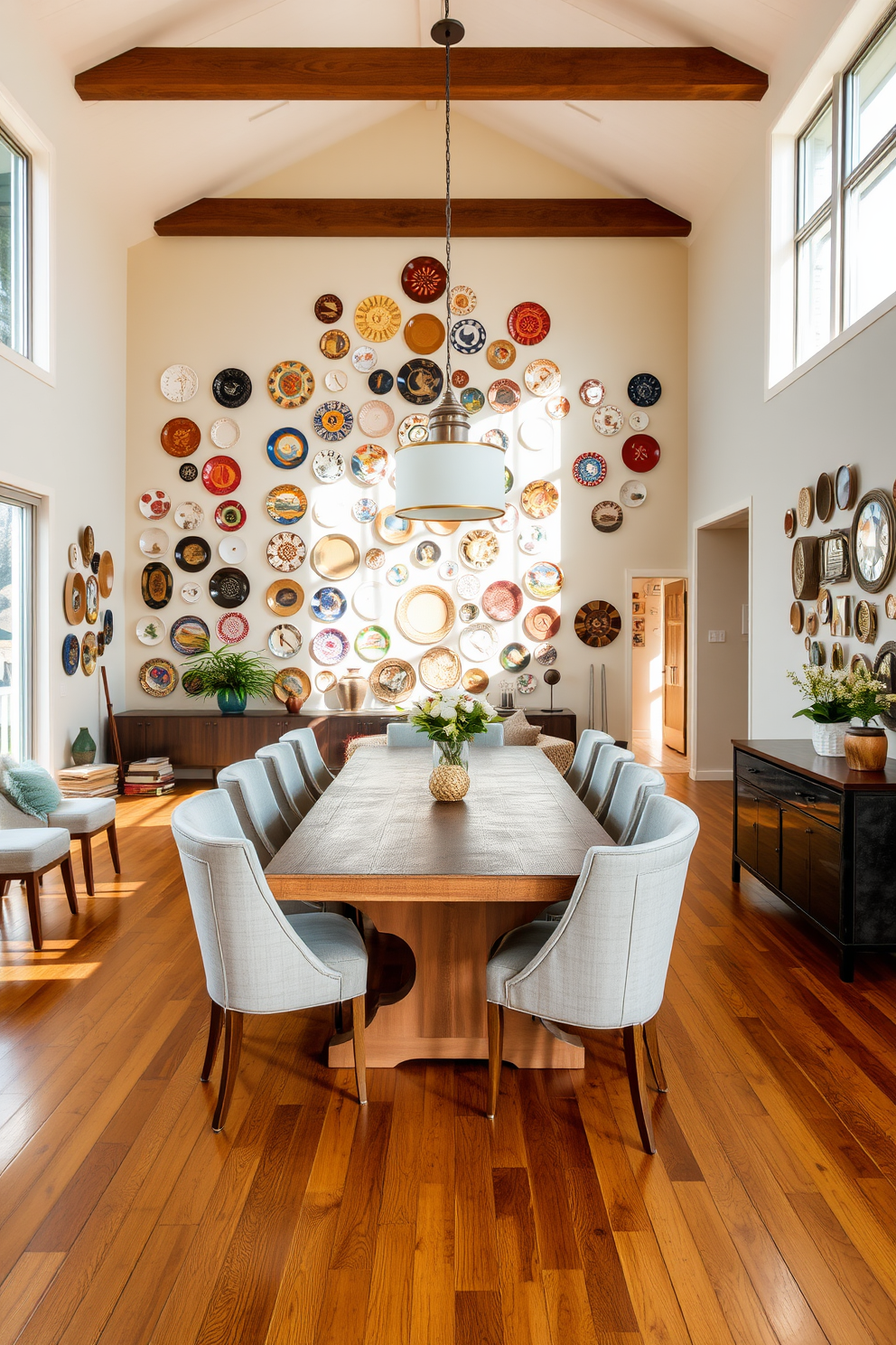 A spacious open floor plan dining room features a large wooden dining table surrounded by upholstered chairs in a neutral tone. The walls are adorned with an array of decorative plates in various sizes and patterns, creating an eye-catching focal point. Natural light floods the room through large windows, highlighting the warm wood tones of the flooring. A stylish pendant light hangs above the table, adding a modern touch to the inviting atmosphere.