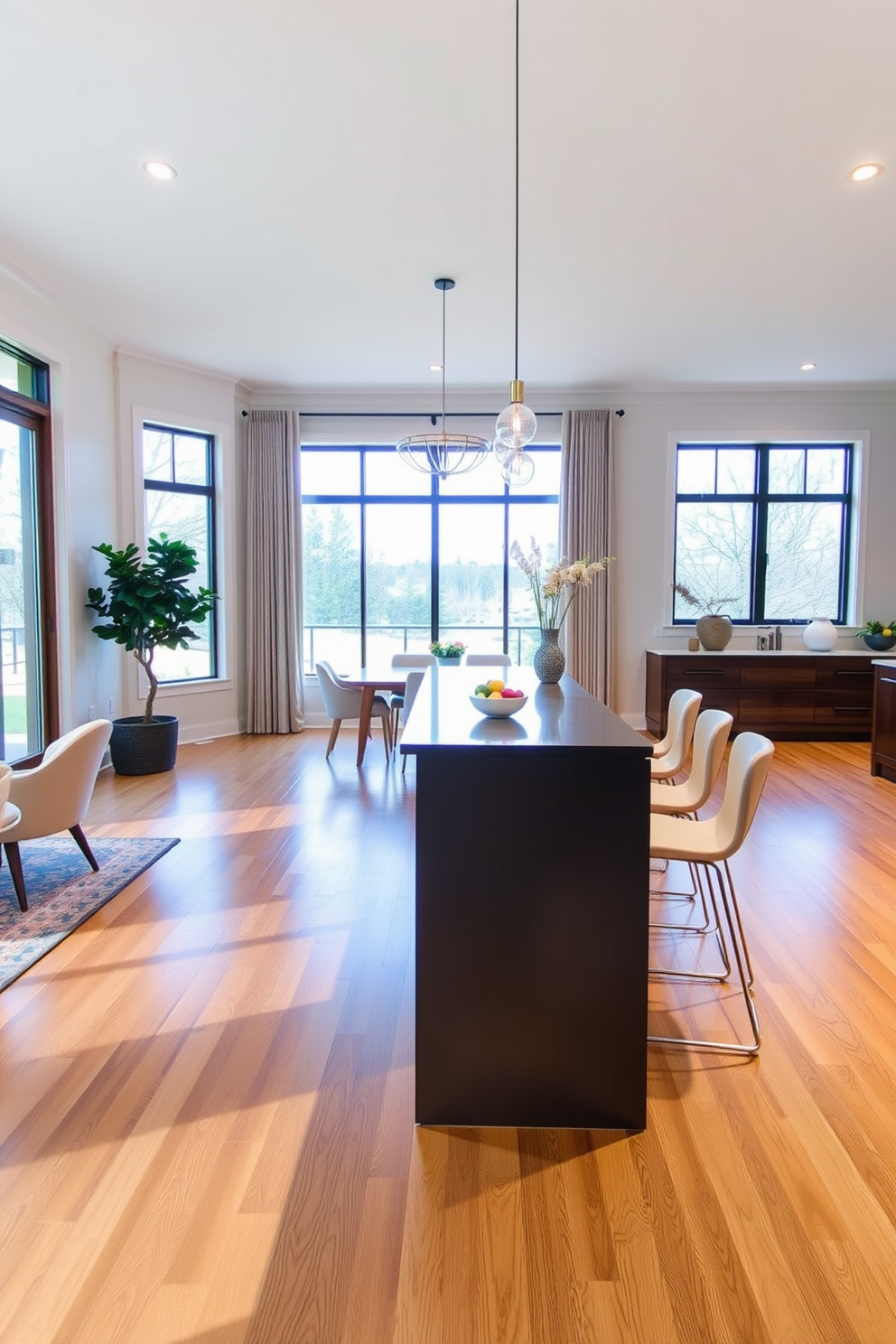 A stylish open floor plan dining room features a sleek breakfast bar that invites casual dining. The bar is adorned with comfortable stools, and large windows allow natural light to fill the space, enhancing the warm, inviting atmosphere.