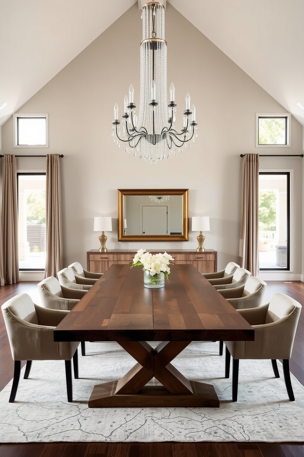 A spacious open floor plan dining room features a large rectangular table made of reclaimed wood, surrounded by upholstered chairs in soft neutral tones. A stunning oversized mirror is mounted on the wall opposite the table, reflecting natural light and creating an illusion of a larger space. The room is adorned with a statement chandelier that hangs gracefully above the table, providing both illumination and a focal point. Soft area rugs define the dining space, while large windows allow for ample daylight, enhancing the inviting atmosphere.