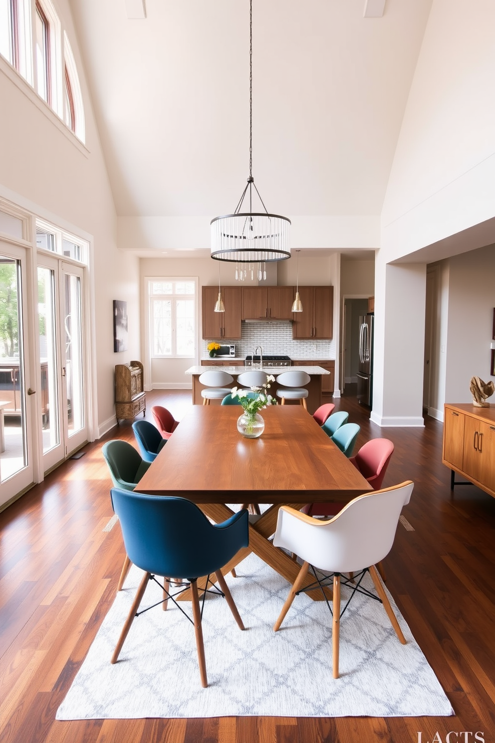 A stylish dining room featuring a large wooden table surrounded by an eclectic mix of dining chairs in various colors and styles. The space is filled with natural light from large windows, and the walls are painted in a soft neutral tone to create a warm and inviting atmosphere. The open floor plan connects the dining area to a modern kitchen, showcasing sleek cabinetry and stainless steel appliances. A statement pendant light hangs above the table, adding a touch of elegance and serving as a focal point in the room.