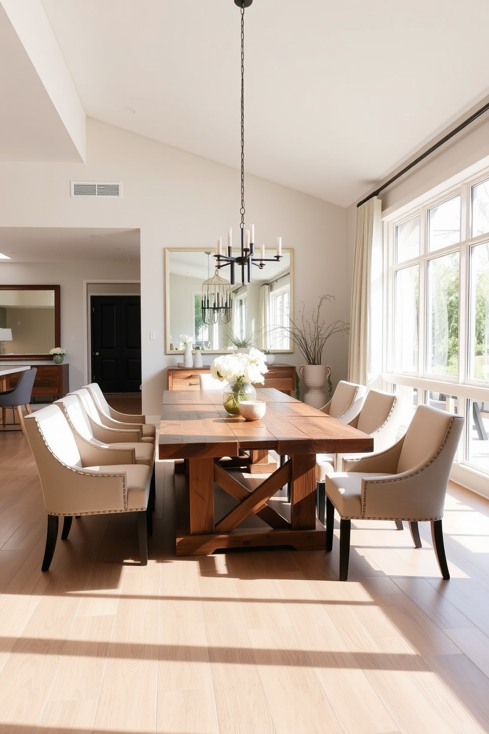 A bright and airy dining room with an open floor plan. Large windows allow natural light to flood the space, creating a warm and inviting atmosphere. The dining table is made of reclaimed wood and is surrounded by upholstered chairs in soft neutral tones. A large mirror on the wall reflects the light and adds depth to the room.