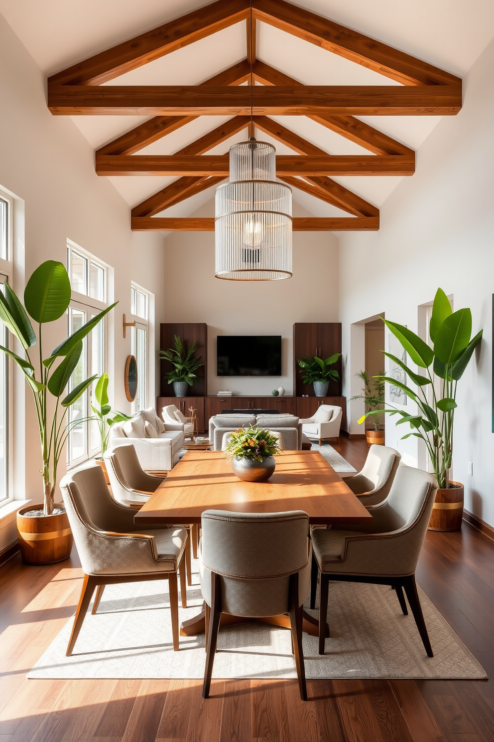 A spacious dining room featuring an open floor plan that seamlessly connects to the living area. The room is filled with natural light from large windows, highlighting a modern wooden dining table surrounded by elegant upholstered chairs. Lush indoor plants are strategically placed around the room, adding a vibrant touch of greenery. A statement pendant light hangs above the table, creating a warm and inviting atmosphere for gatherings.