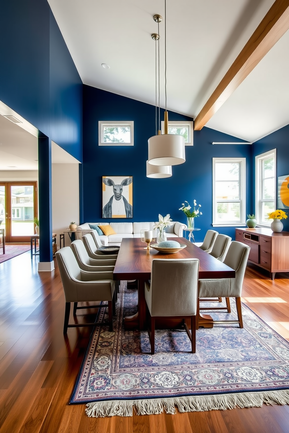 A bold navy blue accent wall serves as a striking backdrop in an open floor plan dining room. The space features a large wooden dining table surrounded by upholstered chairs, with modern pendant lights hanging above. Large windows allow natural light to flood the area, enhancing the vibrant color scheme. A stylish area rug anchors the dining space, complementing the warm wood tones of the furniture.