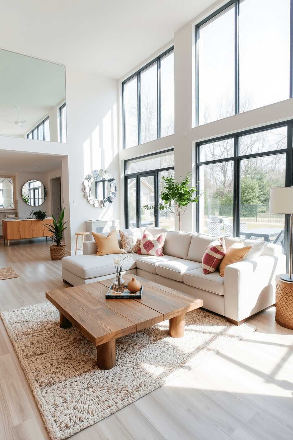 A bright and airy open floor plan living room features large windows that flood the space with natural light. The design incorporates strategically placed mirrors on the walls to reflect light and create an illusion of a larger area. The living room is furnished with a plush sectional sofa in a soft neutral tone, complemented by a stylish coffee table made of reclaimed wood. A cozy area rug anchors the seating arrangement, while decorative throw pillows add a pop of color and texture.