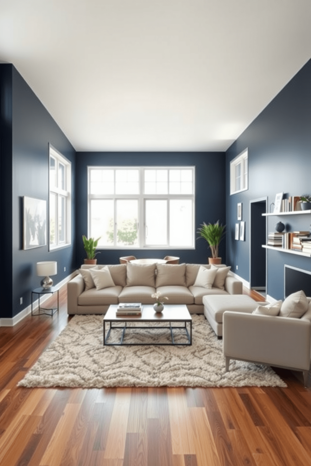 A spacious open floor plan living room features large windows that allow natural light to flood the space. The room is anchored by a plush sectional sofa in a neutral tone, complemented by a bold accent wall painted in deep navy blue. In front of the sofa, a stylish coffee table sits atop a soft area rug that adds warmth to the room. Decorative shelves on either side of the accent wall display curated art pieces and books, enhancing the room's personality and inviting comfort.