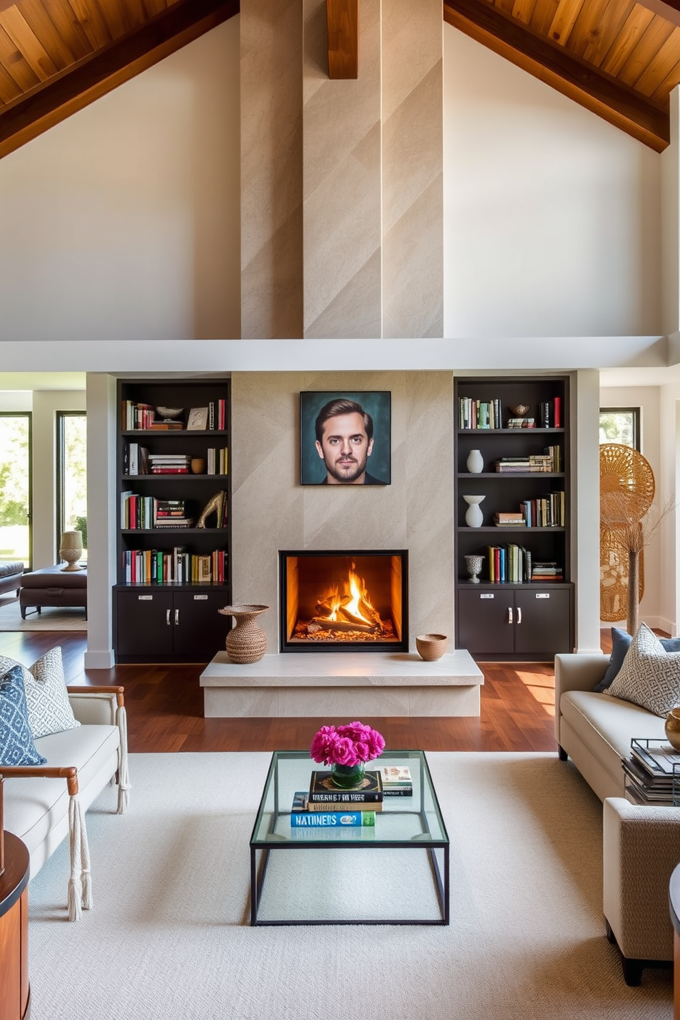 A spacious open floor plan living room features a stunning fireplace as the focal point, framed by built-in shelves filled with books and decorative items. The room is bathed in natural light from large windows, with a cozy seating arrangement that encourages conversation and relaxation.