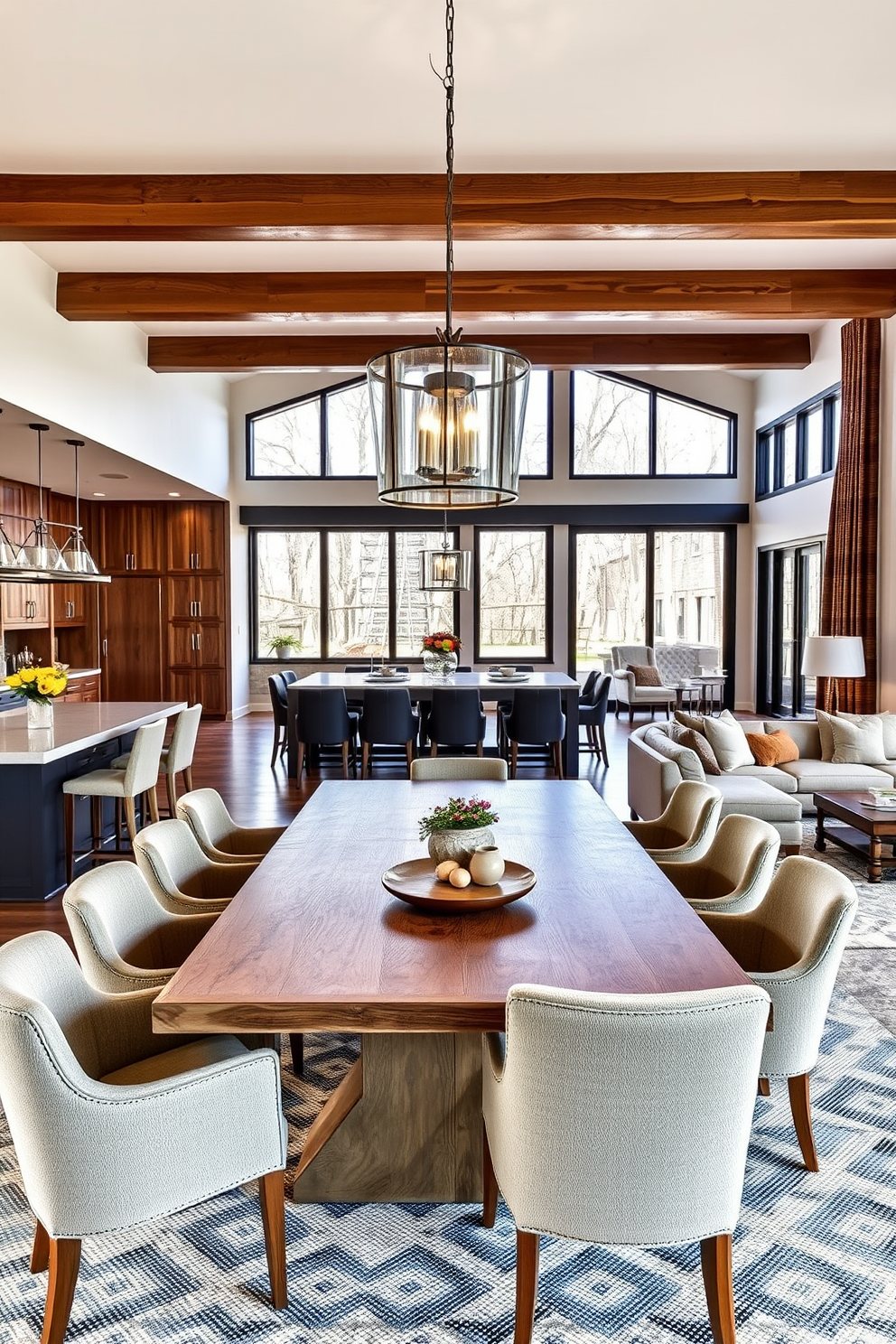 A stylish dining area defined by elegant pendant lights hanging above a large wooden table. The space features a mix of modern and rustic elements, with comfortable chairs and a warm color palette that invites gatherings. An open floor plan living room that seamlessly connects to the kitchen and dining areas. The design includes a cozy seating arrangement with plush sofas, a statement coffee table, and large windows that bring in natural light.