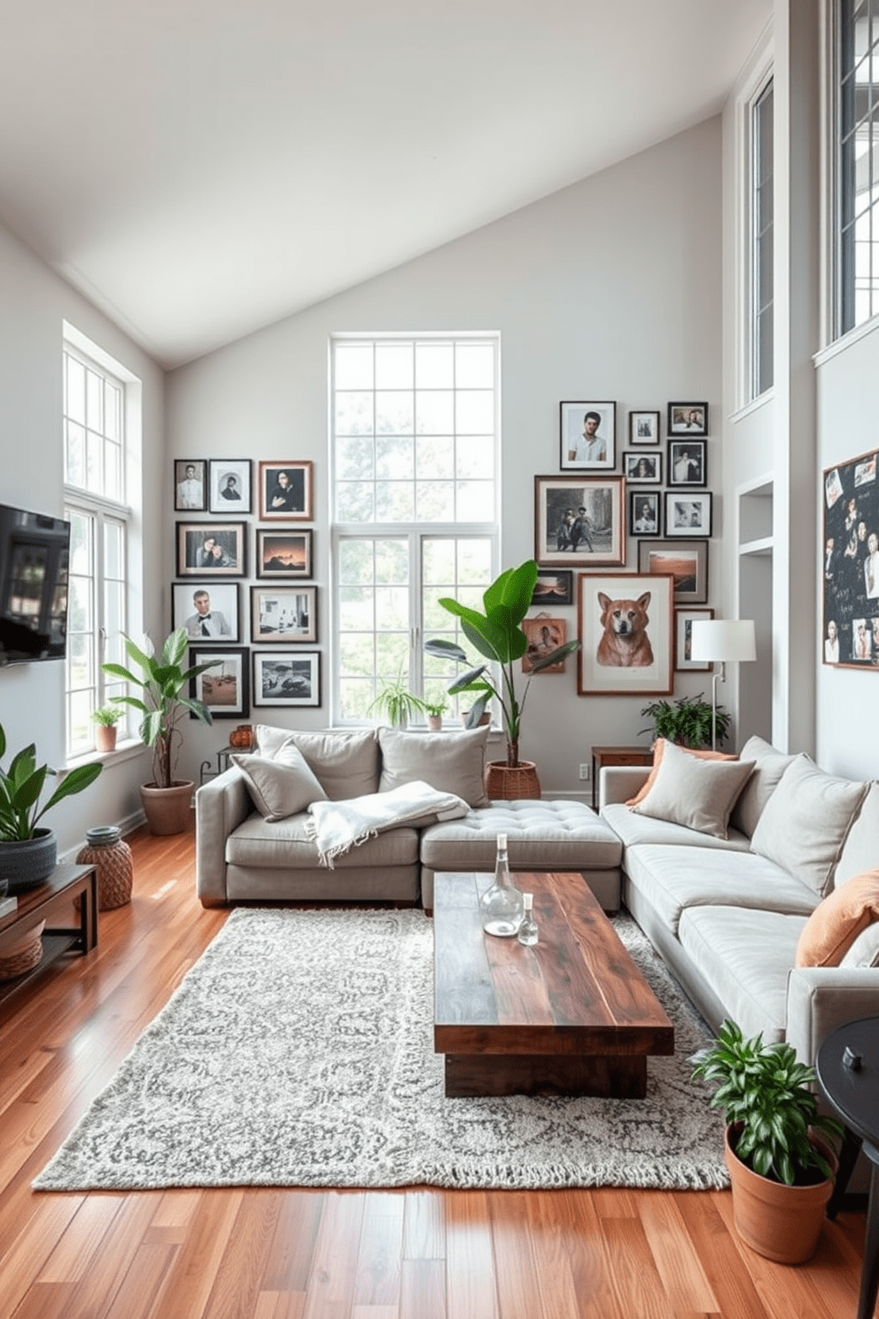 A spacious open floor plan living room features a cozy seating area with a large sectional sofa in a neutral tone. The walls are adorned with a gallery wall showcasing an eclectic mix of framed art and personal photographs, adding a unique and inviting touch to the space. Natural light floods the room through large windows, highlighting a stylish coffee table made of reclaimed wood. A soft area rug anchors the seating area, while potted plants in the corners bring a refreshing burst of greenery to the overall design.