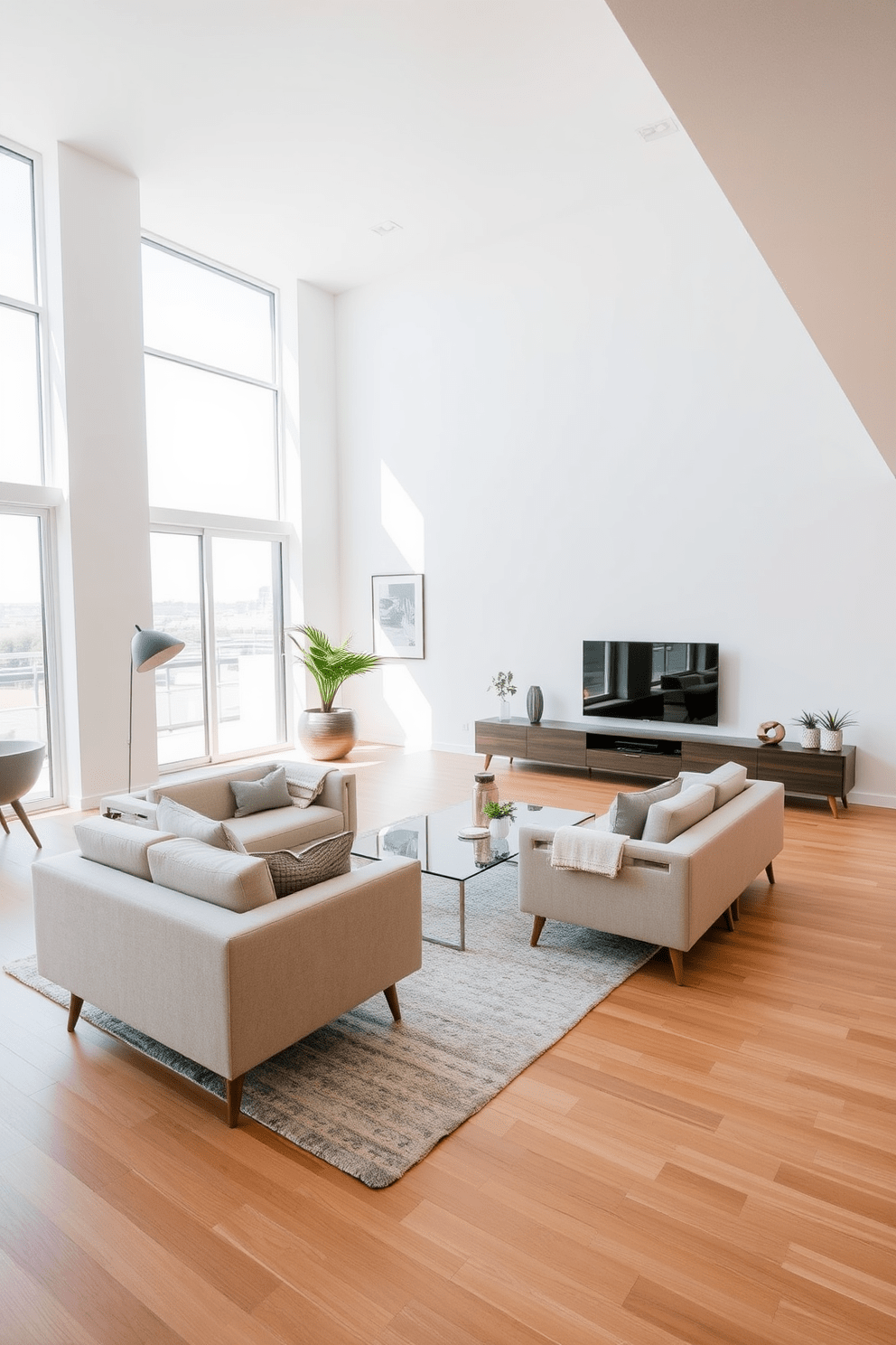 A spacious open floor plan living room features elegant furniture with legs to enhance the sense of openness. The seating area includes a stylish sectional sofa in a light fabric, paired with a glass coffee table that reflects natural light. A minimalist entertainment unit is positioned against the wall, showcasing a sleek design that complements the overall aesthetic. Large windows allow ample sunlight to fill the space, while a soft area rug defines the seating area and adds warmth.