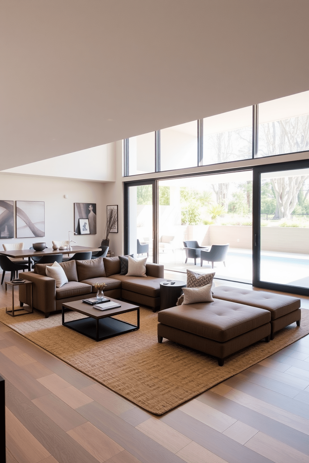 A spacious living room seamlessly connects to the outdoors through large sliding doors that invite natural light and fresh air. The open floor plan features a cozy seating area with a plush sectional sofa and a stylish coffee table, creating an inviting atmosphere for gatherings.