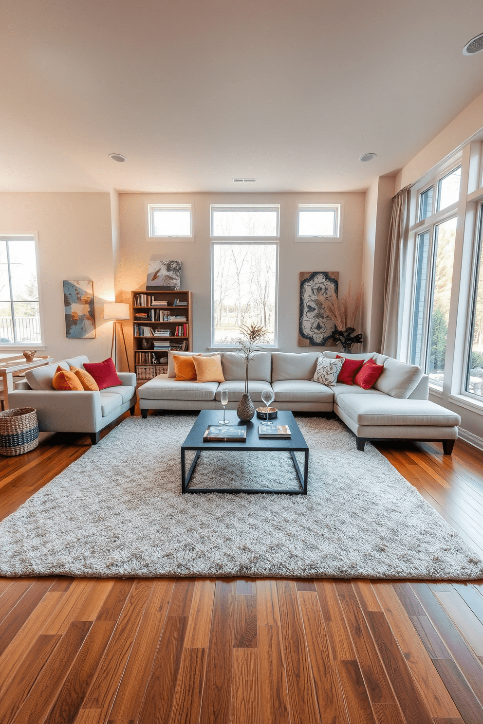 A spacious open floor plan living room featuring a cozy seating area defined by a large, textured area rug in neutral tones. The room includes a modern sectional sofa, complemented by colorful accent pillows, and a stylish coffee table placed on the rug to create an inviting atmosphere. In the corner, a sleek bookshelf adds character, while a floor lamp provides warm lighting for reading. Large windows allow natural light to flood the space, highlighting the warm wooden flooring and soft, inviting decor throughout the room.