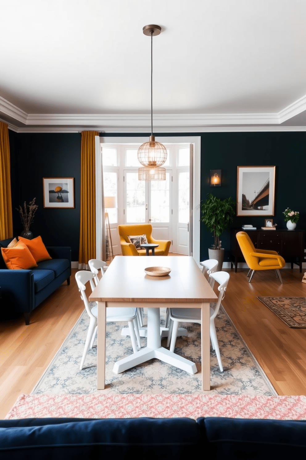 A spacious open floor plan living room featuring distinct functional areas through the use of color. The seating area is adorned with a rich navy blue sofa, complemented by vibrant orange accent pillows, while a cozy reading nook is defined by a warm mustard yellow armchair and a small side table. The dining space is highlighted with a deep forest green accent wall that contrasts with a light wood dining table and white chairs. Soft ambient lighting from stylish pendant fixtures above the table creates an inviting atmosphere for gatherings.