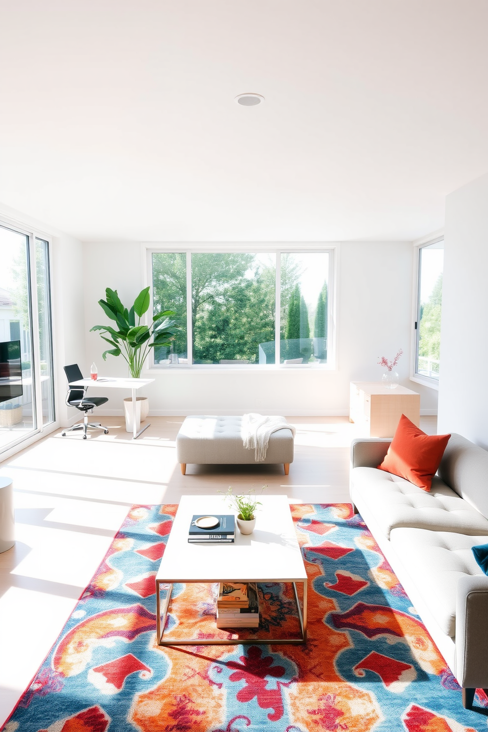 A bright open floor plan living room features a spacious layout that encourages productivity and relaxation. The room is filled with natural light from large windows, showcasing a cozy seating area with a stylish sofa and a sleek coffee table. In one corner, a modern workspace is integrated with a minimalist desk and an ergonomic chair, providing a dedicated area for work. The walls are painted in a soft neutral tone, complemented by a vibrant area rug that adds warmth and personality to the space.