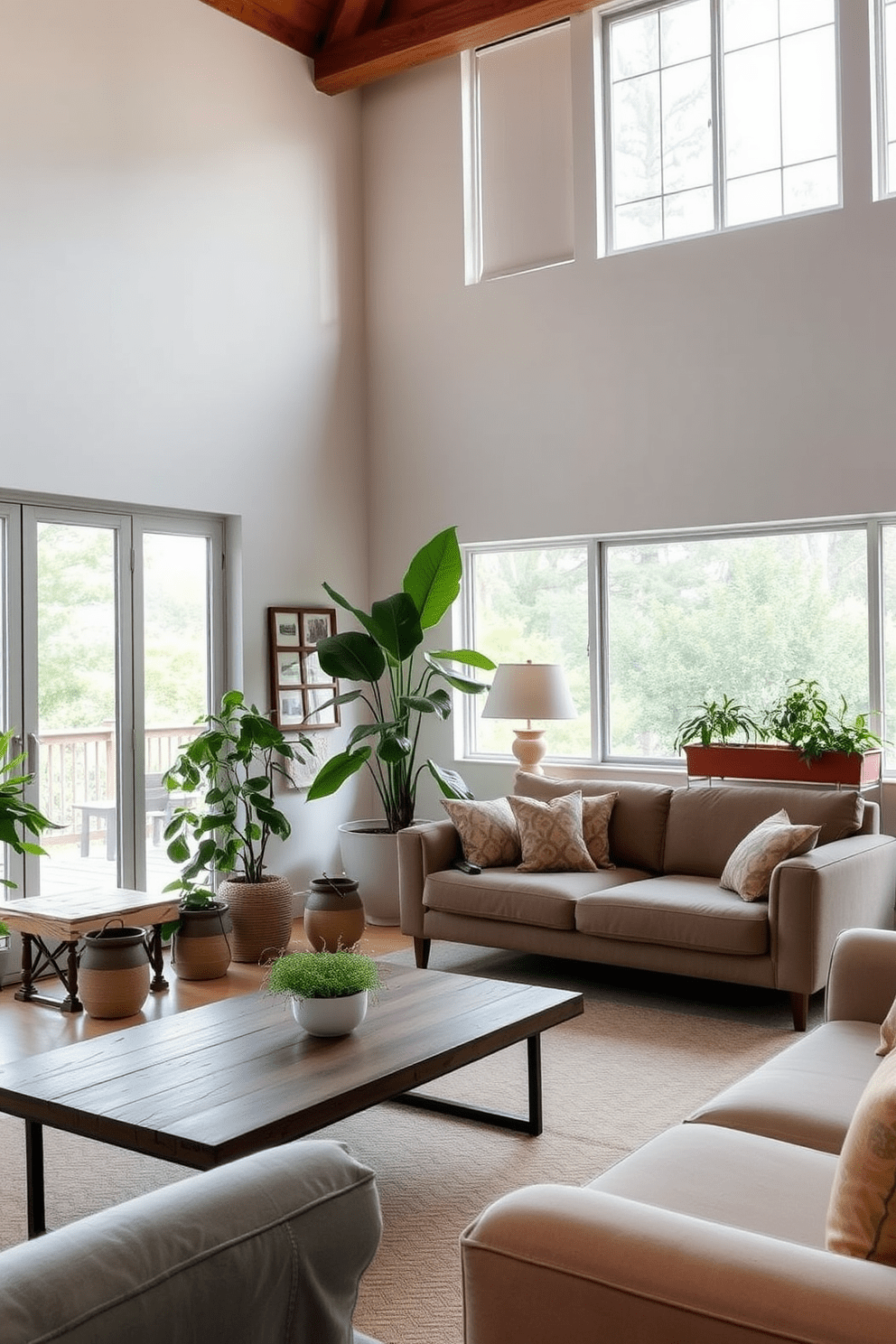 A spacious open floor plan living room features large windows that allow natural light to flood the space. The room is adorned with a mix of contemporary and vintage furniture, including a plush sectional sofa and a rustic coffee table. Incorporate greenery with indoor plants and herbs strategically placed throughout the room. A tall fiddle leaf fig stands in one corner, while a small herb garden sits on the windowsill, adding both beauty and functionality to the design.