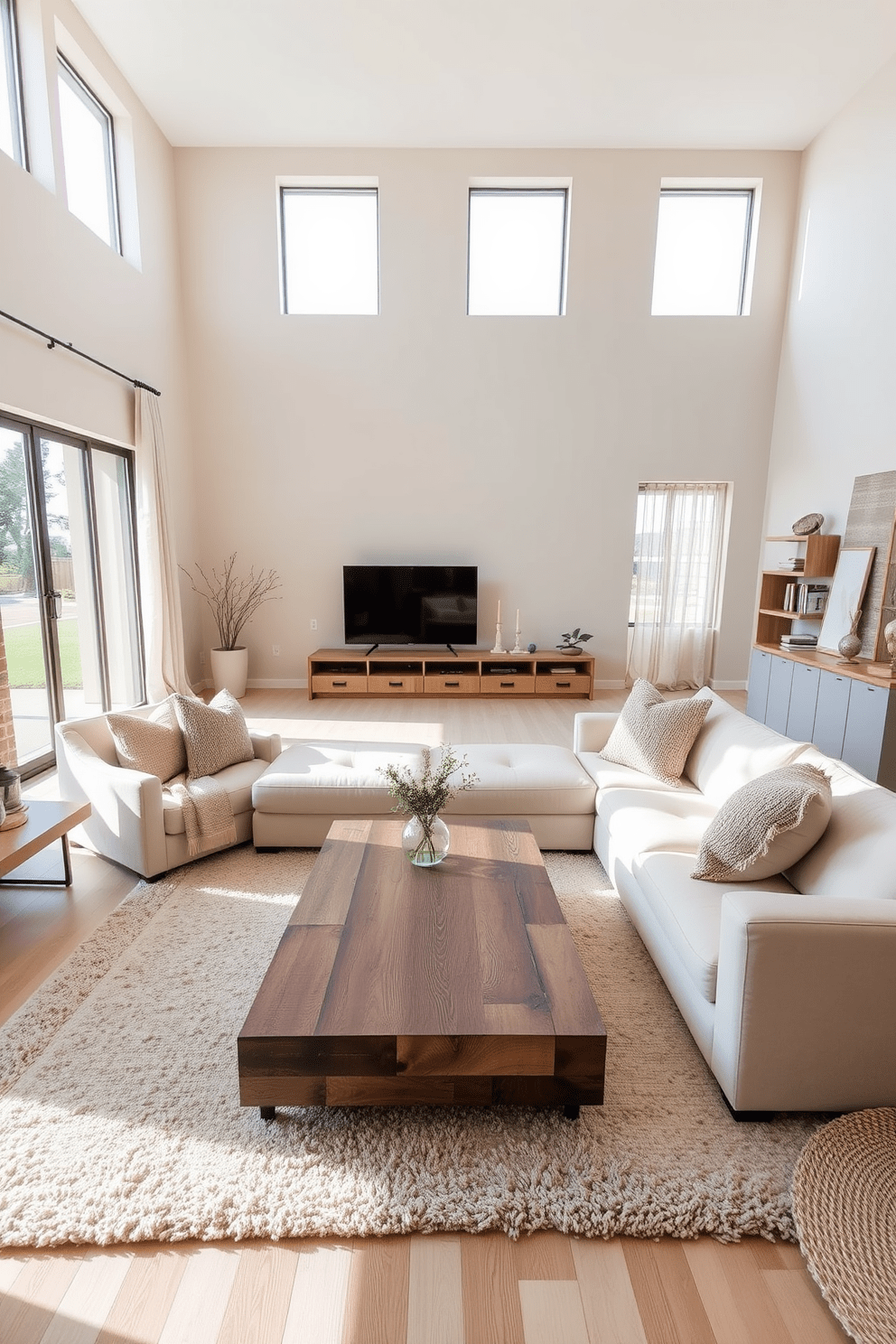 A serene open floor plan living room filled with natural light. The walls are painted in soft beige and the furniture features a mix of cream and taupe tones for a cohesive look. A large, plush sectional sofa is centered in the space, accented with textured throw pillows in subtle earth tones. A sleek coffee table made of reclaimed wood sits atop a soft area rug that adds warmth and comfort to the room. Floor-to-ceiling windows provide a view of the outdoors, framed with light sheer curtains that allow sunlight to filter through. A minimalist entertainment unit blends seamlessly with the decor, showcasing decorative items and books for added personality.