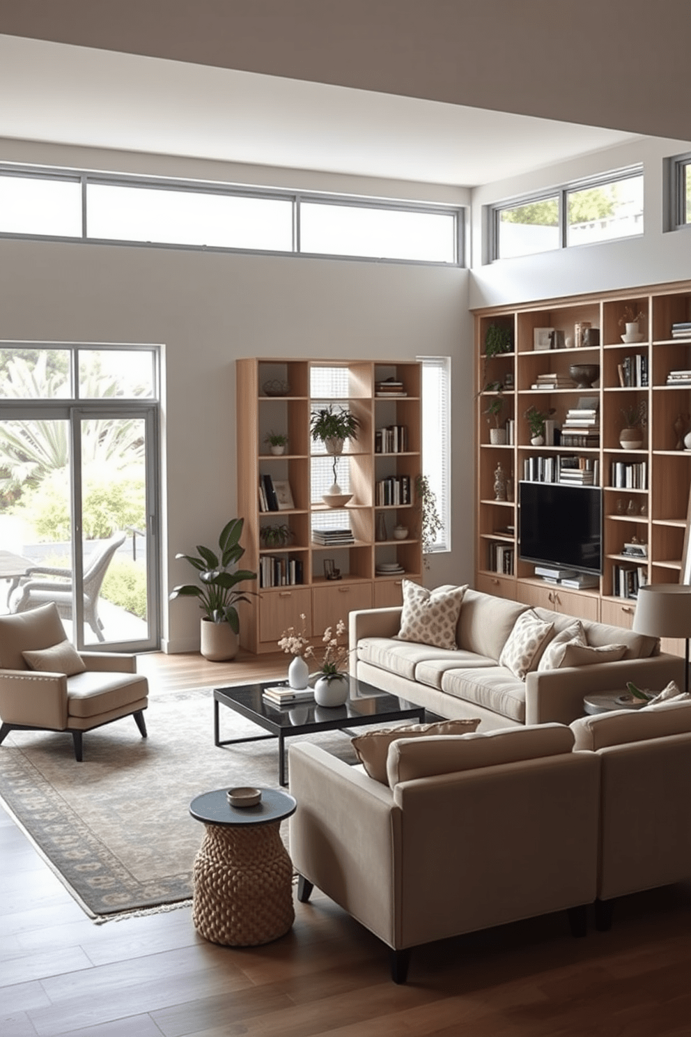 A spacious open floor plan living room features large windows that allow natural light to flood the space. The room is designed with a cozy seating area that includes a plush sectional sofa and a pair of stylish armchairs, arranged around a modern coffee table. Utilize open shelving for decorative storage to showcase books, plants, and curated decor items. The shelving is made of light wood and complements the neutral color palette of the room, adding warmth and character to the overall design.