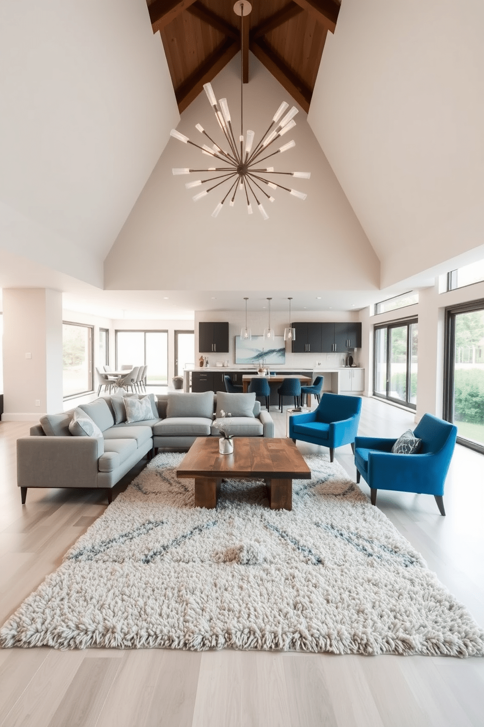 A spacious open floor plan living room features a large sectional sofa in a soft gray fabric, complemented by a pair of vibrant blue accent chairs. A sleek coffee table made of reclaimed wood sits in the center, surrounded by a plush area rug that adds warmth to the space. Overhead, a striking statement light fixture with an artistic design creates a focal point, casting a warm glow across the room. Large windows allow natural light to flood in, highlighting the neutral color palette and enhancing the inviting atmosphere.