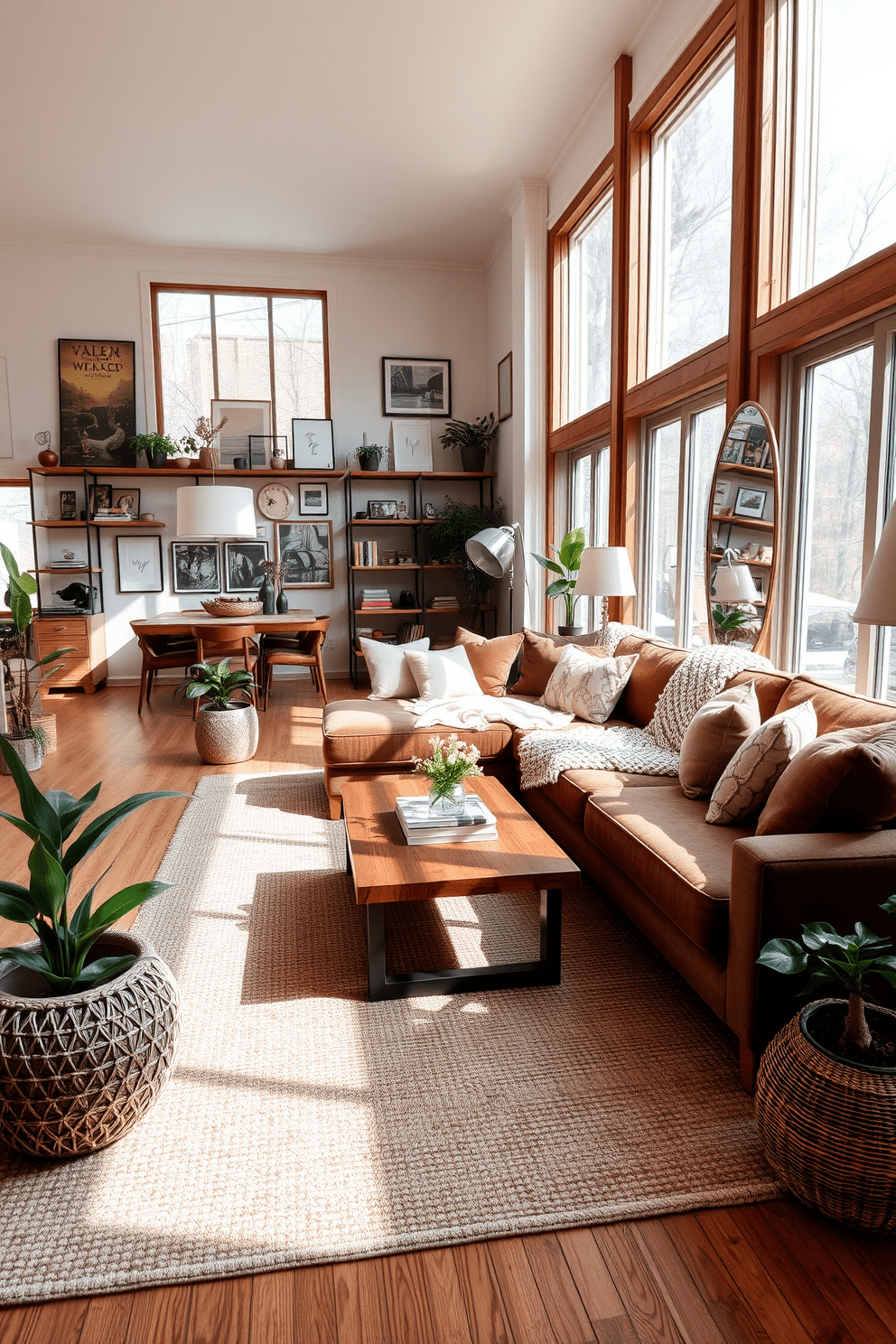 A spacious open floor plan living room with a cozy atmosphere. The room features a plush sectional sofa in a rich fabric, complemented by a woven area rug that adds texture underfoot. Large windows allow natural light to flood the space, highlighting the warm wood tones of the coffee table and shelving. A combination of soft throw pillows and a chunky knit blanket creates an inviting focal point on the sofa. Decorative plants are strategically placed around the room, bringing life and color to the neutral palette. The walls are adorned with a mix of framed artwork and mirrors, enhancing the visual interest and depth of the design.