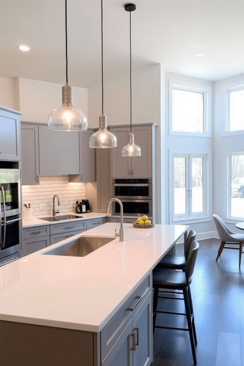 A contemporary open kitchen featuring sleek cabinetry in a soft gray finish. The island is topped with a large white quartz countertop, and stylish pendant lights hang above, casting a warm glow. The space includes stainless steel appliances and an elegant backsplash of white subway tiles. Large windows allow natural light to flood the area, enhancing the inviting atmosphere.