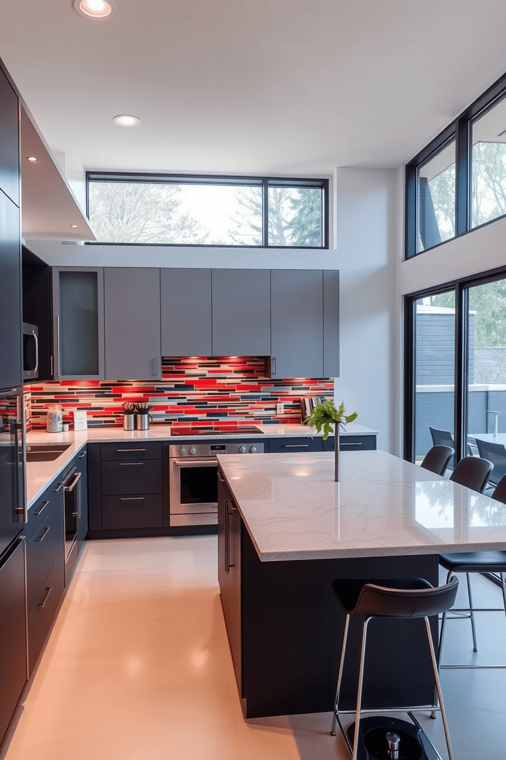 A modern open kitchen featuring a bold backsplash that serves as a striking focal point. The cabinetry is sleek and minimalist, while the countertops are made of polished quartz, complementing the vibrant colors of the backsplash. The kitchen island is spacious and multifunctional, equipped with bar stools for casual dining. Large windows allow natural light to flood the space, highlighting the harmonious blend of textures and materials throughout the kitchen.