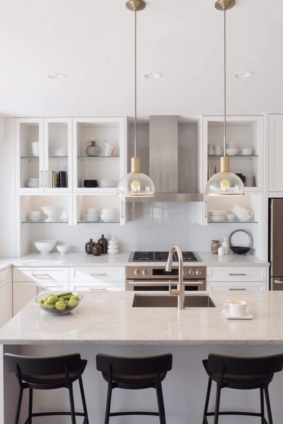 A modern kitchen featuring open cabinetry with sleek lines and a minimalist aesthetic. The cabinets are painted in a soft white, showcasing neatly organized dishware and decorative items that add a personal touch. An expansive island serves as the centerpiece, topped with a polished granite surface and complemented by stylish bar stools. The kitchen is illuminated by pendant lights that hang above the island, creating a warm and inviting atmosphere.