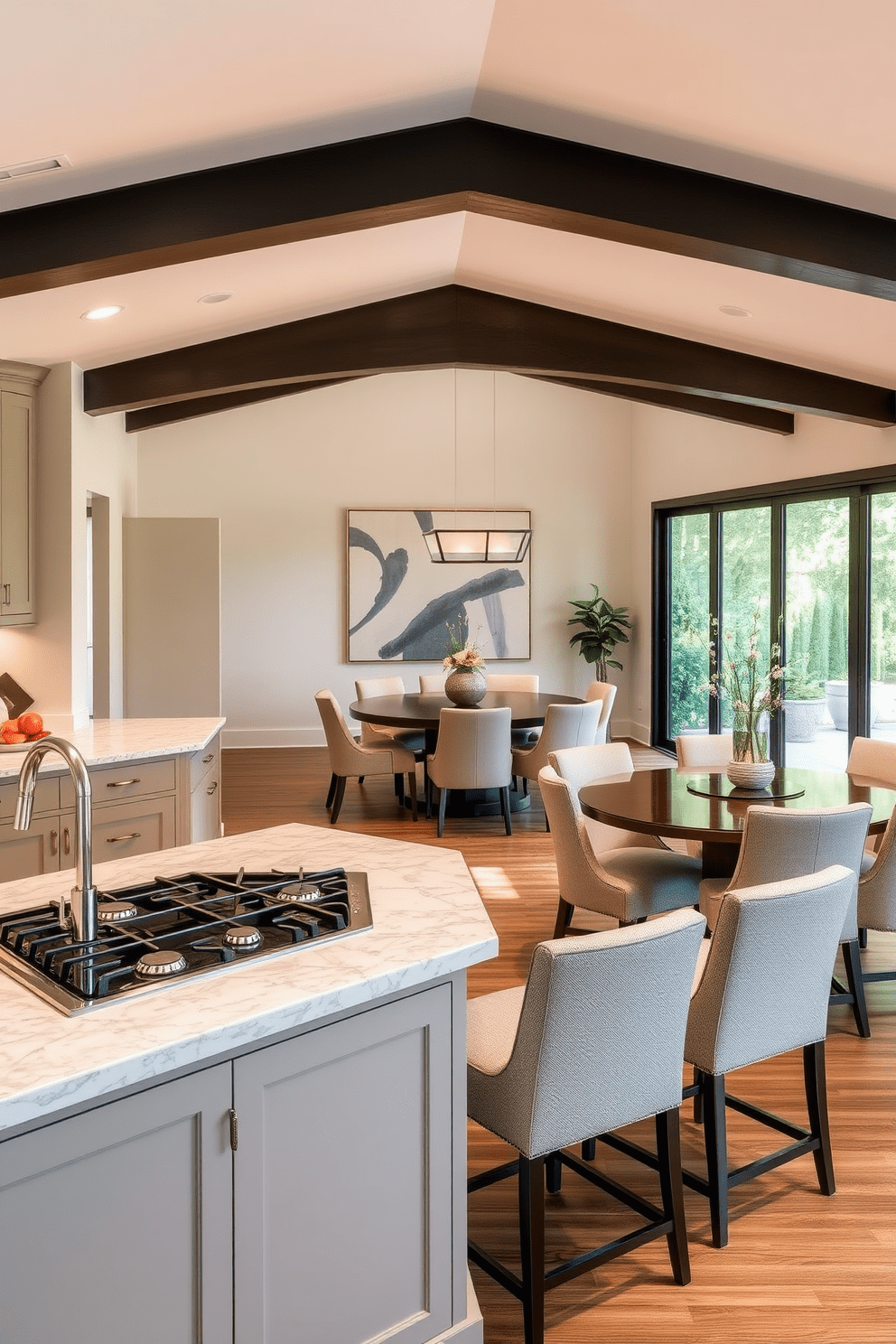 Create an open kitchen design that seamlessly integrates cooking and entertaining spaces. The cooking zone features a large island with a gas cooktop and bar seating, while the entertaining area includes a cozy dining table surrounded by stylish chairs.