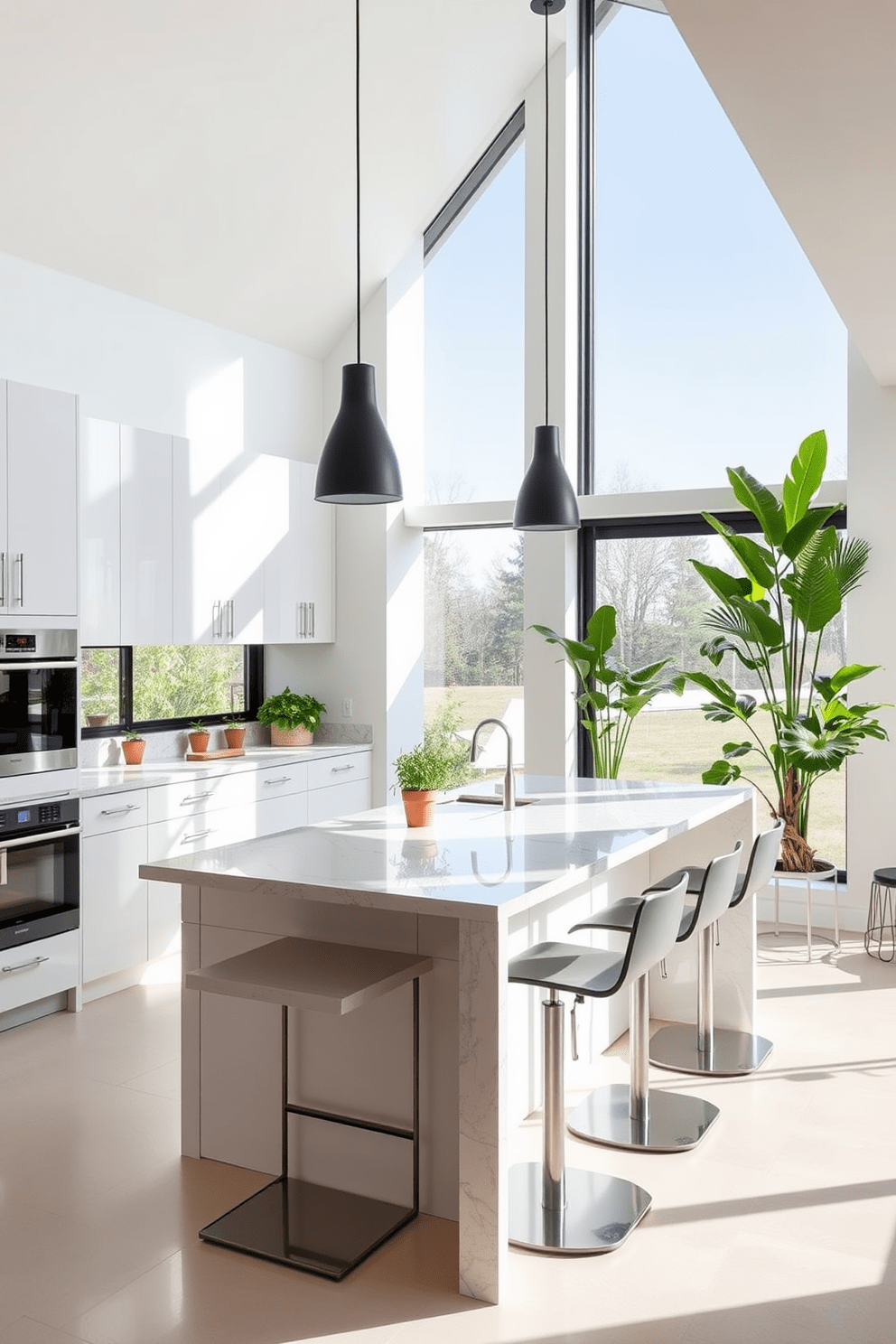 A modern open kitchen design featuring a large island with a polished quartz countertop and sleek bar stools. Floor-to-ceiling cabinets in a soft white finish provide ample storage, while large windows allow natural light to flood the space. Incorporate lush indoor plants throughout the kitchen to enhance the vibrant atmosphere. A few potted herbs on the windowsill and a tall leafy plant in the corner add a refreshing touch of greenery.