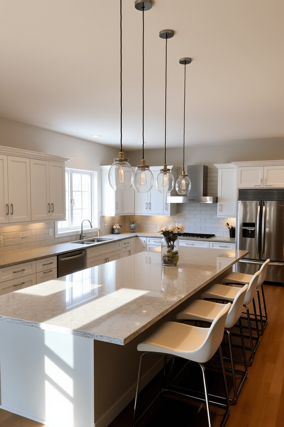 A modern open kitchen featuring a large island with sleek bar stools for casual seating. The island is topped with a polished granite surface, and the cabinetry is finished in a soft white, creating a bright and airy atmosphere.