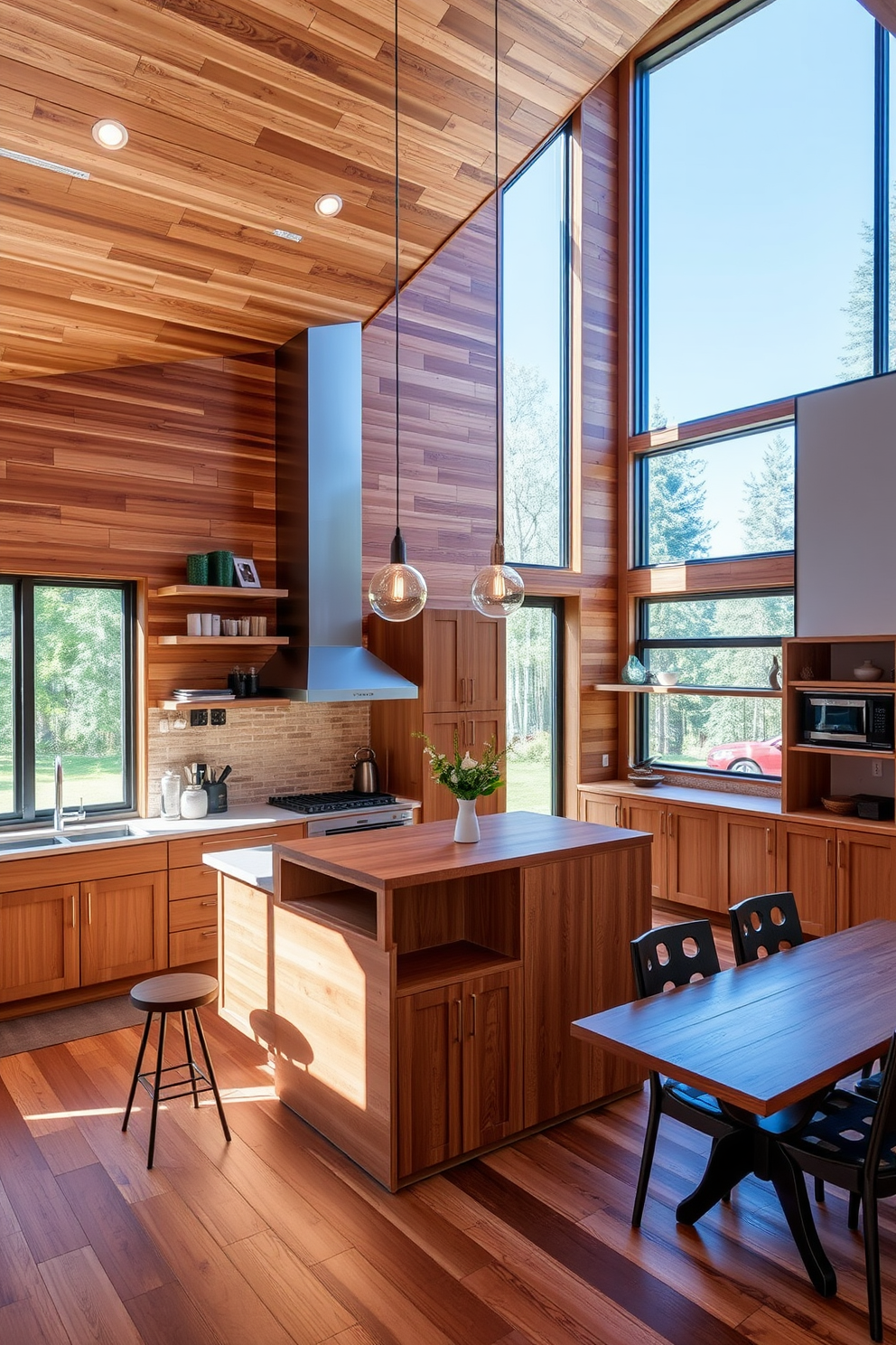 A modern open kitchen design featuring warm wood tones throughout the cabinetry and shelving. The spacious layout includes an island with bar seating, complemented by pendant lighting that enhances the inviting atmosphere. Natural light floods the space through large windows, illuminating the rich textures of the wooden surfaces. A cozy dining area is integrated into the design, creating a seamless flow between cooking and entertaining.