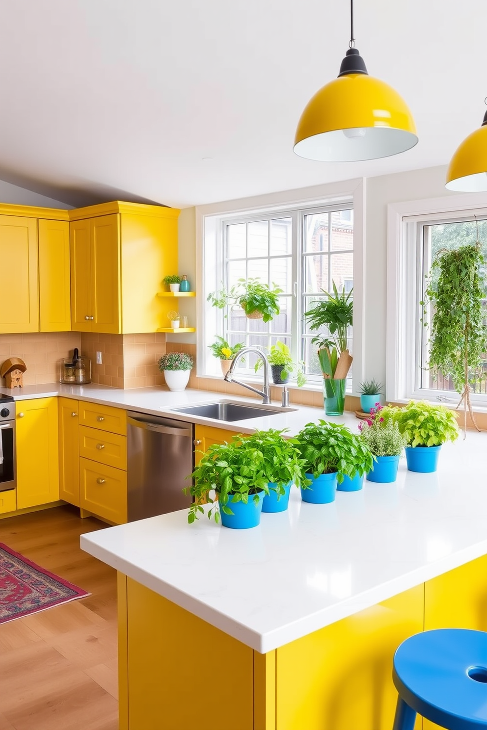 A vibrant open kitchen featuring colorful accents that brighten the space. The cabinetry is painted in a cheerful yellow, complemented by bright blue bar stools at a spacious island. The countertops are a sleek white quartz, enhancing the lively atmosphere. A collection of potted herbs in varying shades of green adorns the window sill, adding freshness and a touch of nature.