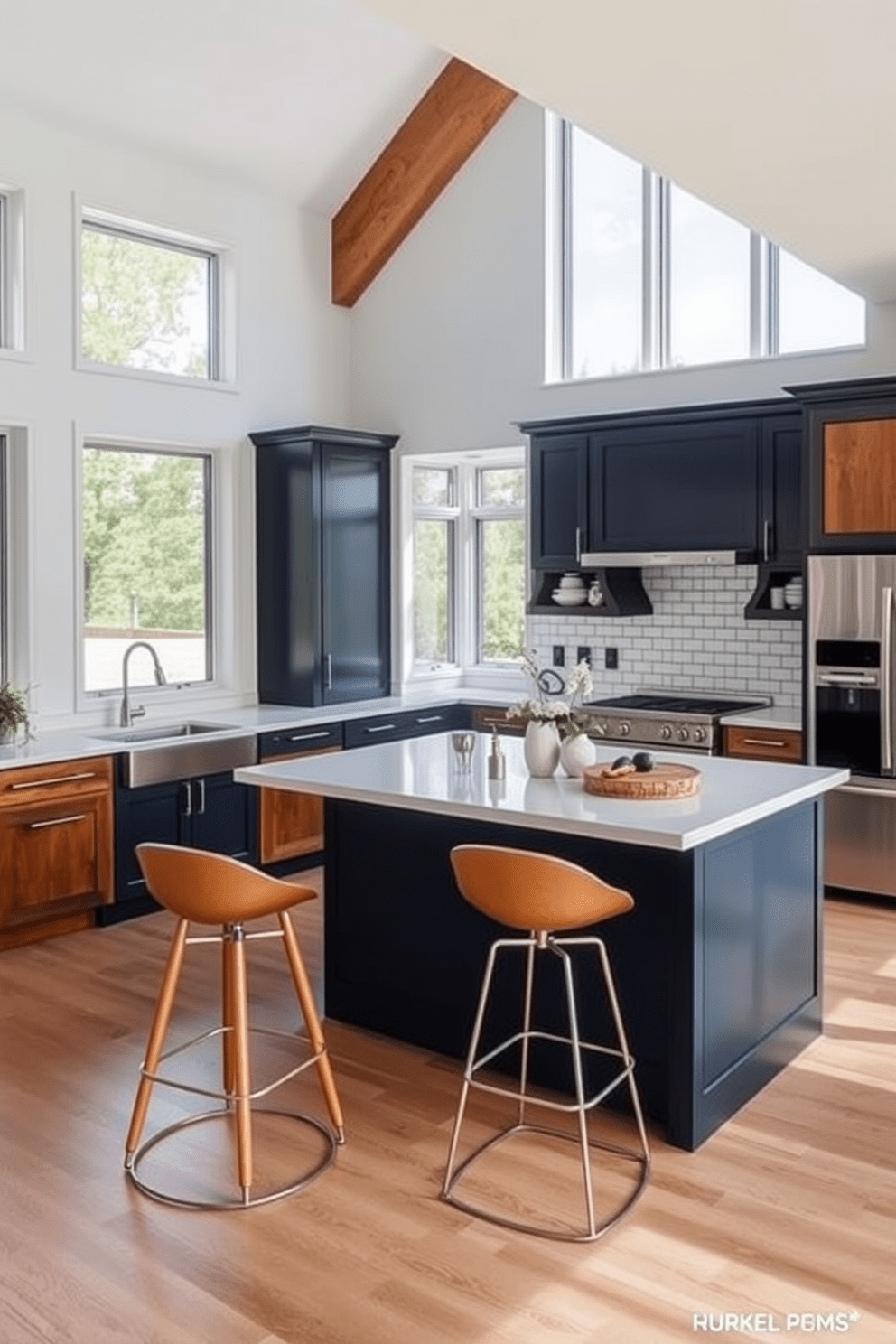 A spacious open kitchen features a large multi-functional island that serves as both a cooking area and a casual dining space. The island is topped with a sleek quartz surface and surrounded by stylish bar stools in a complementary color. The cabinetry is a mix of deep navy and warm wood tones, providing a modern yet inviting feel. Large windows allow natural light to flood the space, highlighting the stainless steel appliances and the elegant backsplash made of white subway tiles.